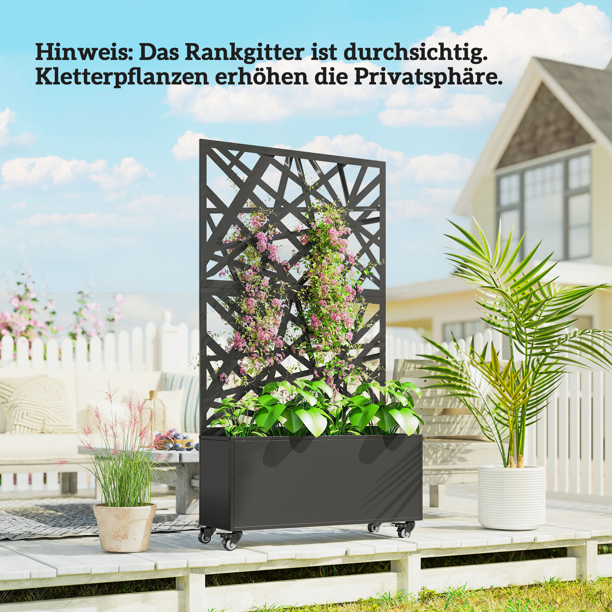 Blumenkasten mit Sichtschutz Pflanzkasten mit Rolle Rankgitter 90 x 30 x 160 cm Metall Schwarz