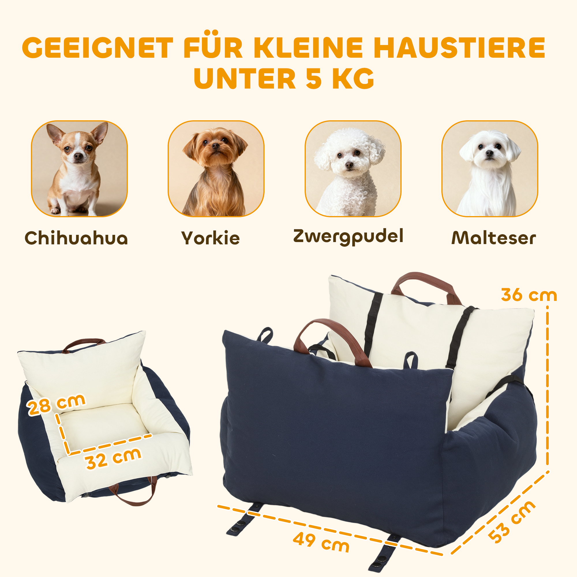Hundeautositz, 2 Gurte, waschbare Bezüge, für Haustiere unter 5 kg, Blau