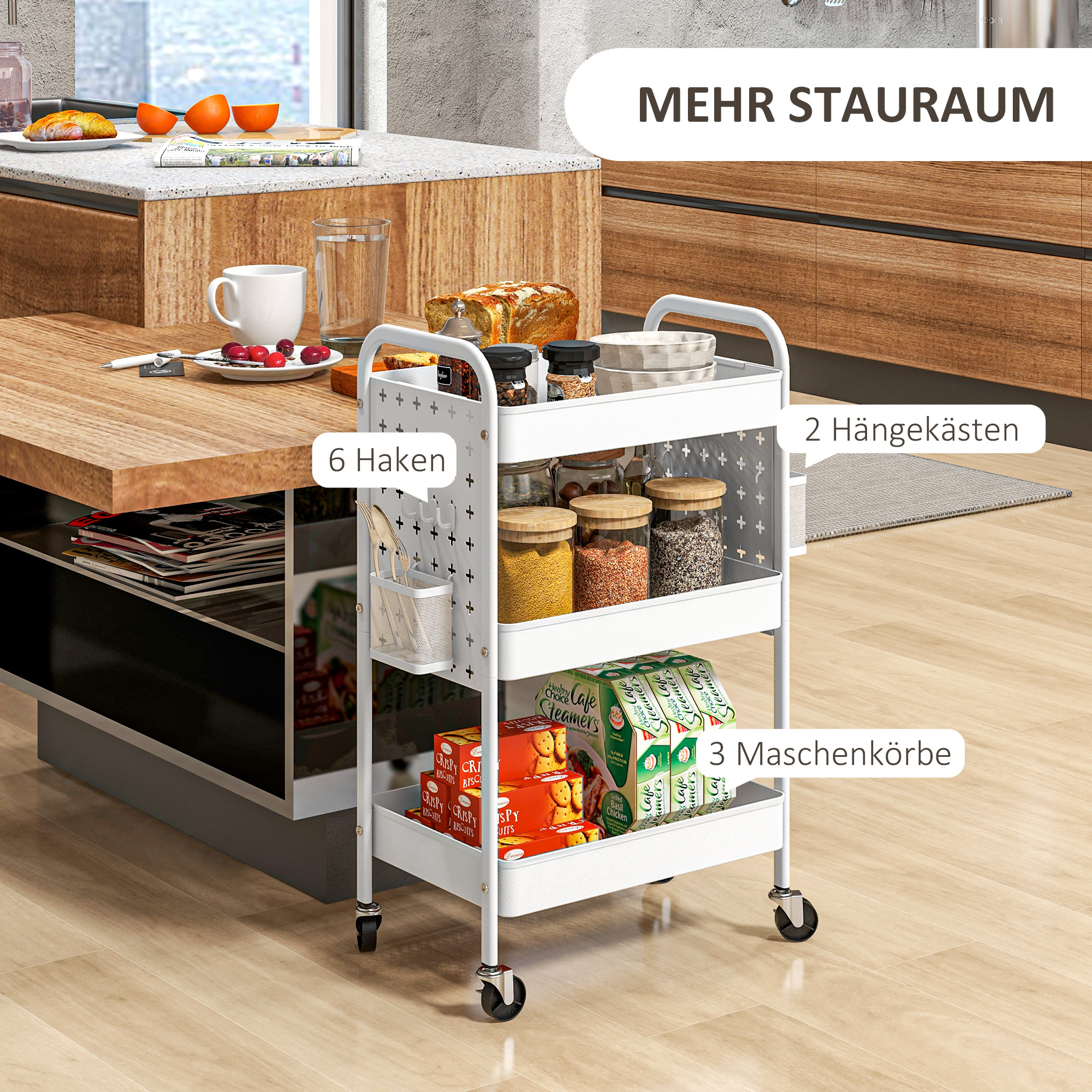 Mehrzweckwagen Rollwagen Küchenwagen, 3 Regale, 4 Rollen, 53,5 cm x 30,5 cm x 75 cm, Weiß