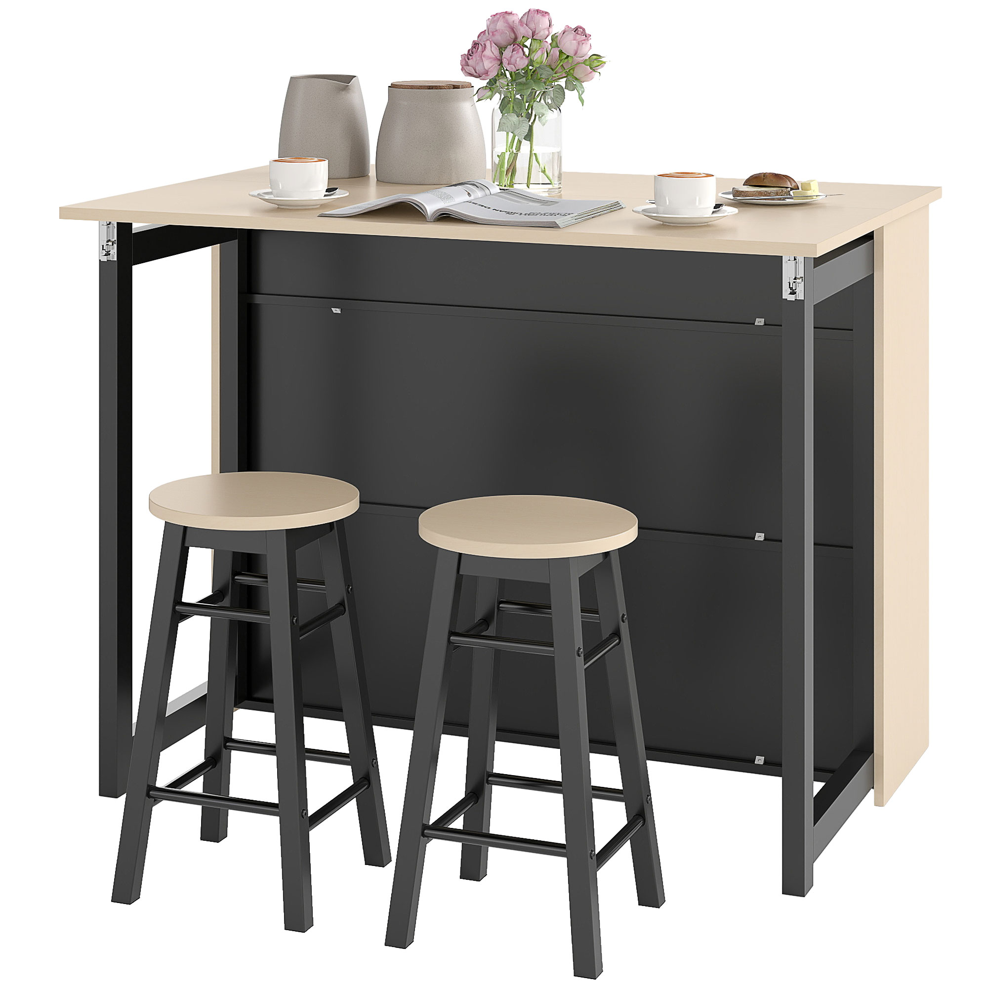 3-tlg, Barset, Bartisch mit klappbarer Tischplatte, 2 Barhocker, 6 Staufächer, schwarz+Eiche, 116 x 70 x 89,5 cm