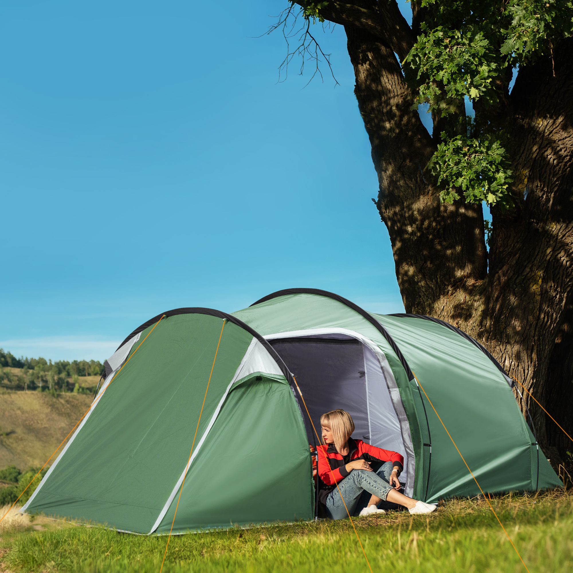 Campingzelt für 2-3 Personen stabil wasserdicht Familienzelt mit Seitentür Fenster Packtasche, Zelt mit 2000mm Wassersäule Tunnelzelt Kuppelzelt für Camping Reise Trekking Garten, Dunkelgrün