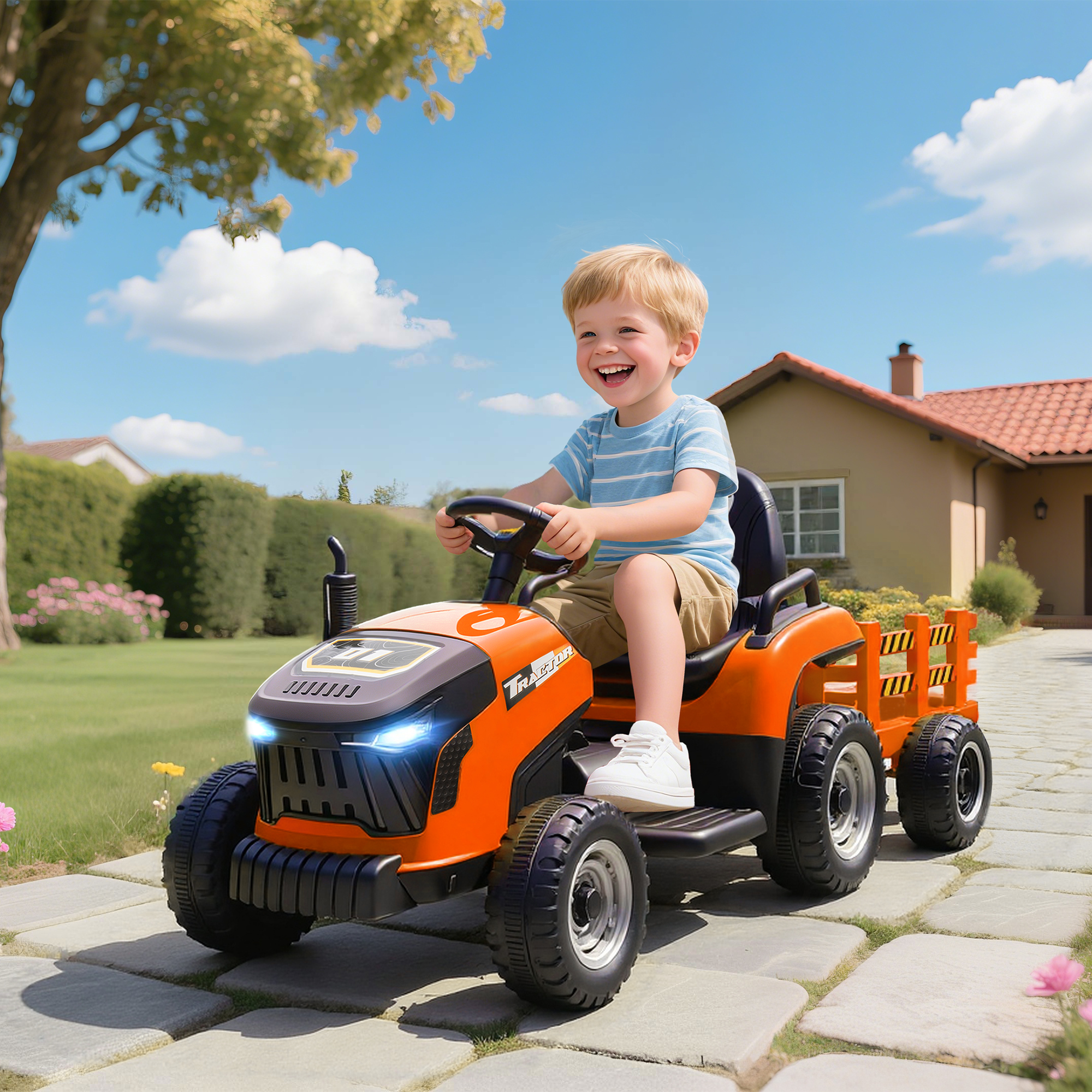 Elektrischer Kindertraktor, Aufsitz-Traktor mit Fernbedienung, Soft-Start, für Kinder im Alter von 3-8 Jahren, Orange