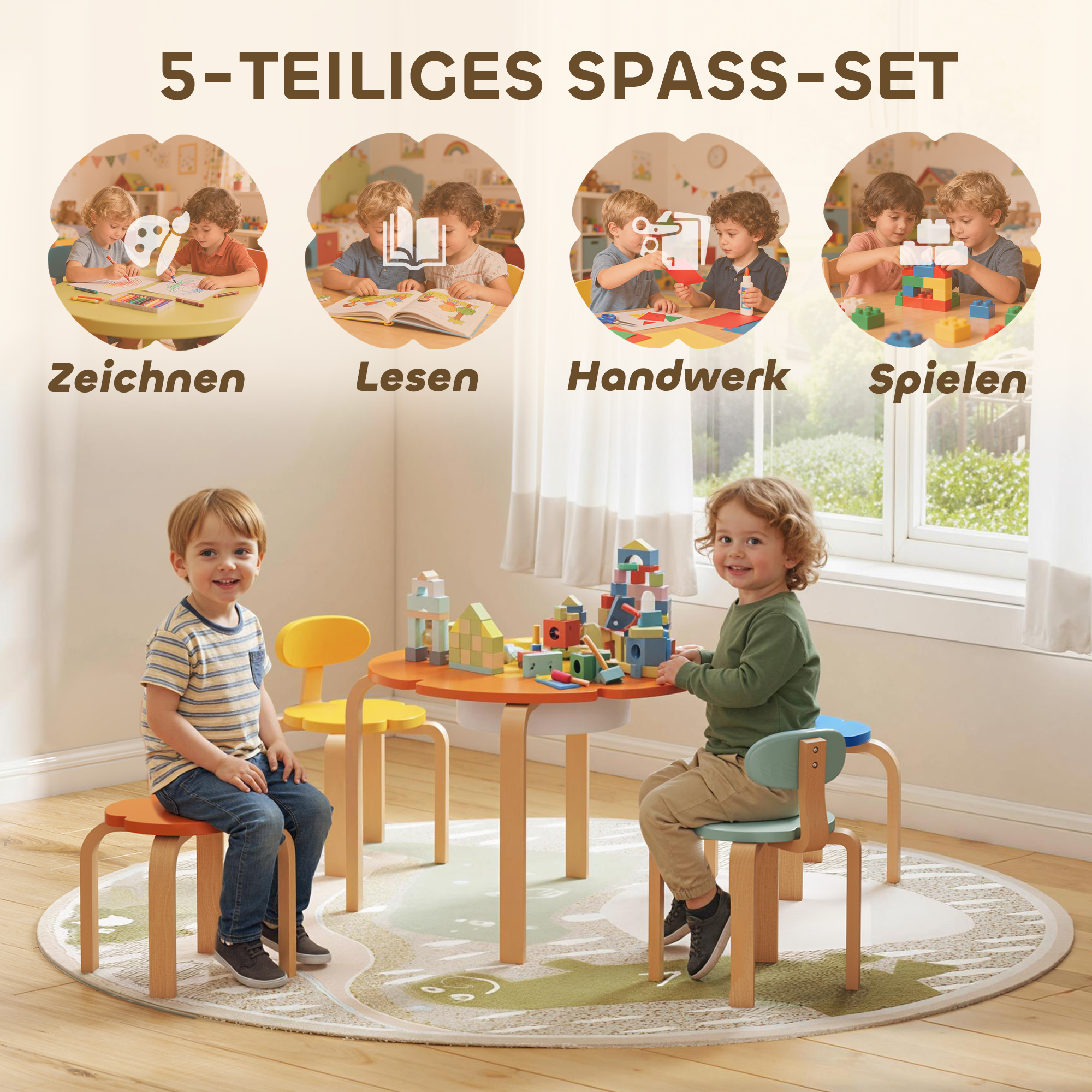 5-teiliges Kindertisch- und Stuhl-Set, mit Aufbewahrungstasche, Blumenform, für Spielzimmer, Kinderzimmer, Holz, Bunt