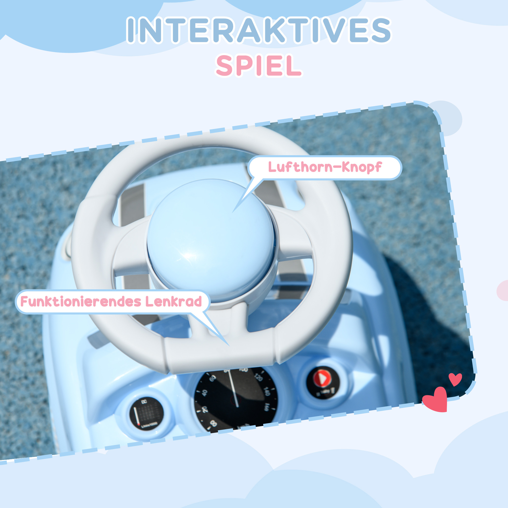 Rutschauto für Kinder, Anti-Überkippschutz, Rückenlehne, Hupe, rutschfester Sitz, Hellblau