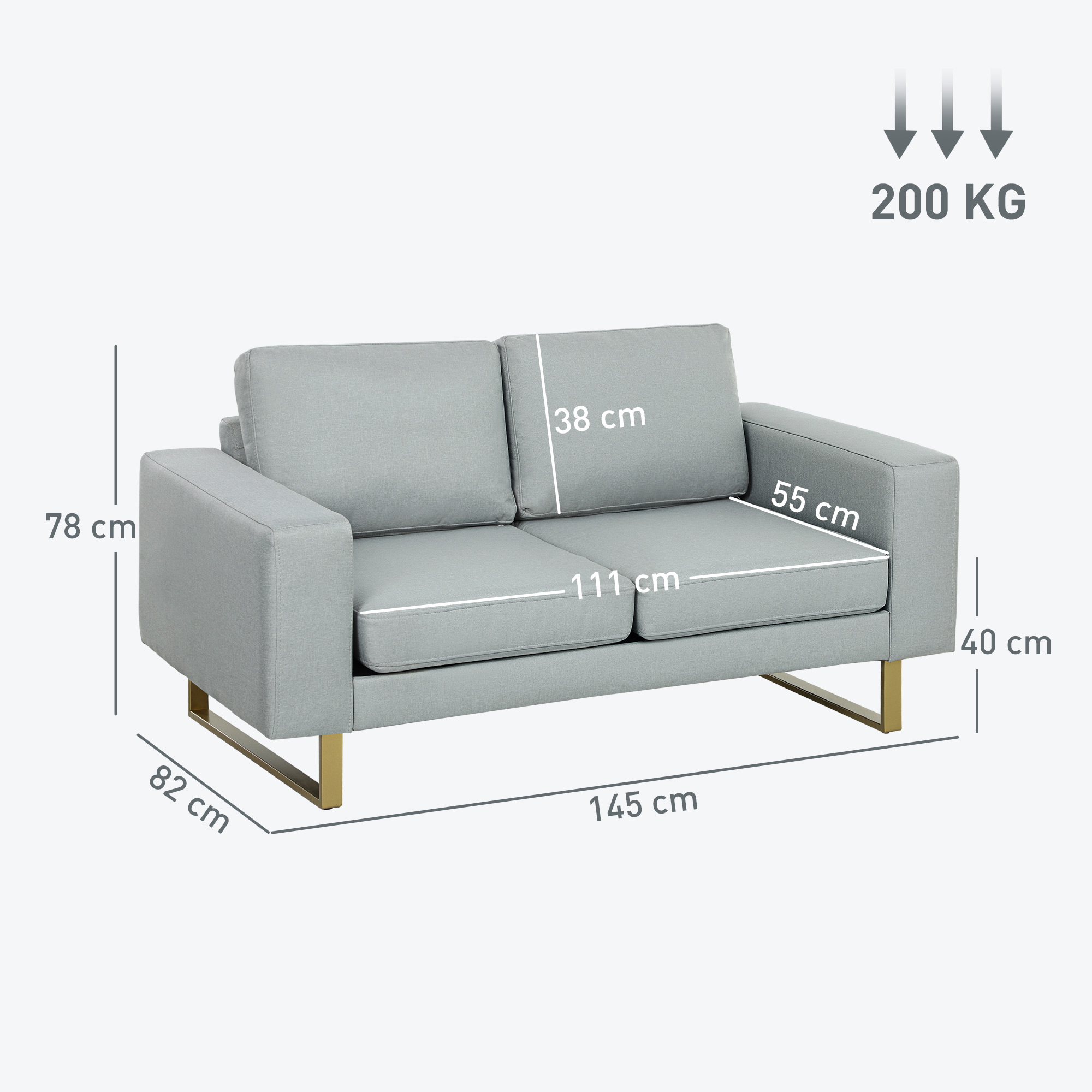 2-Sitzer-Sofa, Couch mit Vollholzrahmen, Metallbeine, schlichtes Design, Hellgrau
