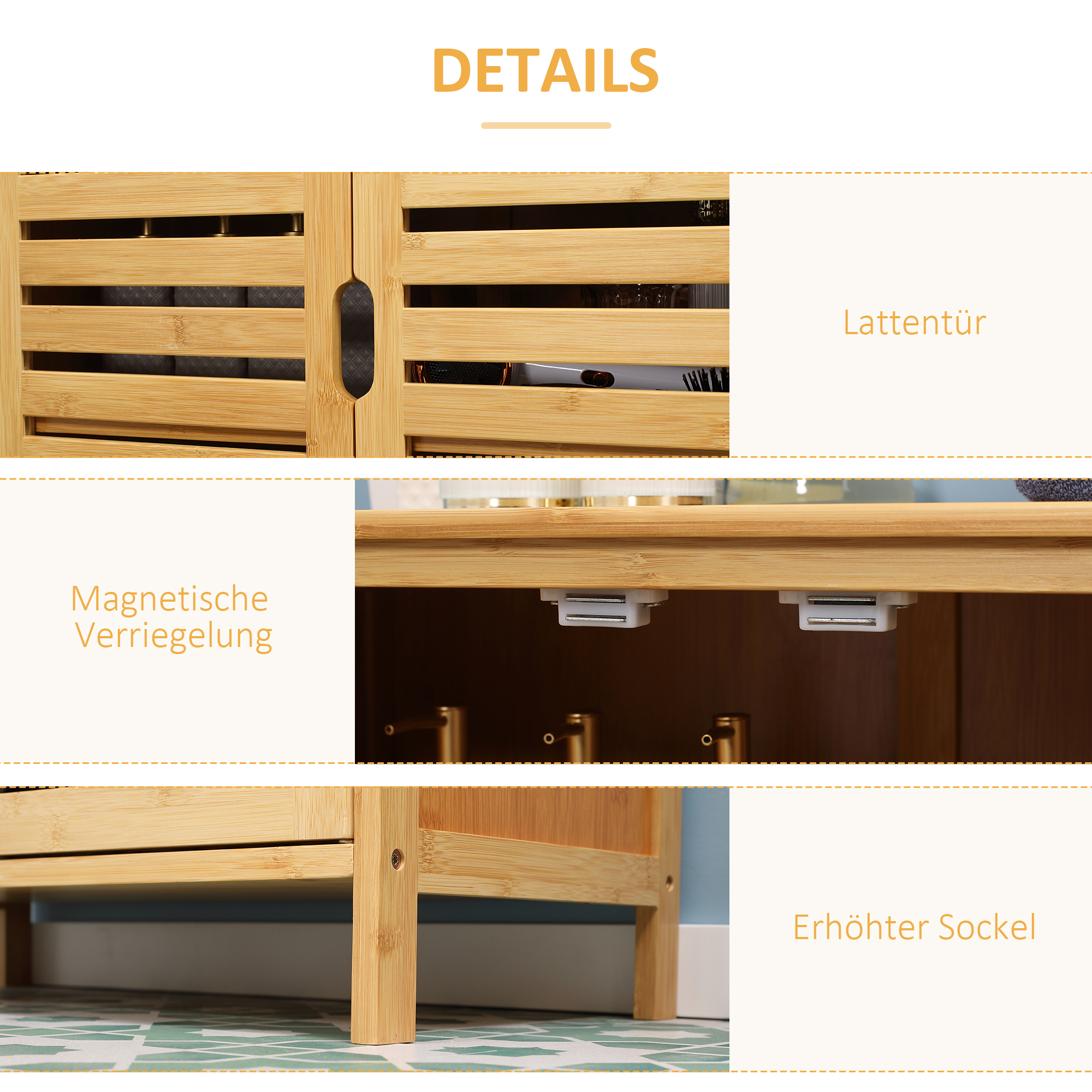 Badezimmerschrank, Bambusschrank mit Lamellendesign für Badezimmer, Flur, kompakte Größe, viel Stauraum, Naturholz