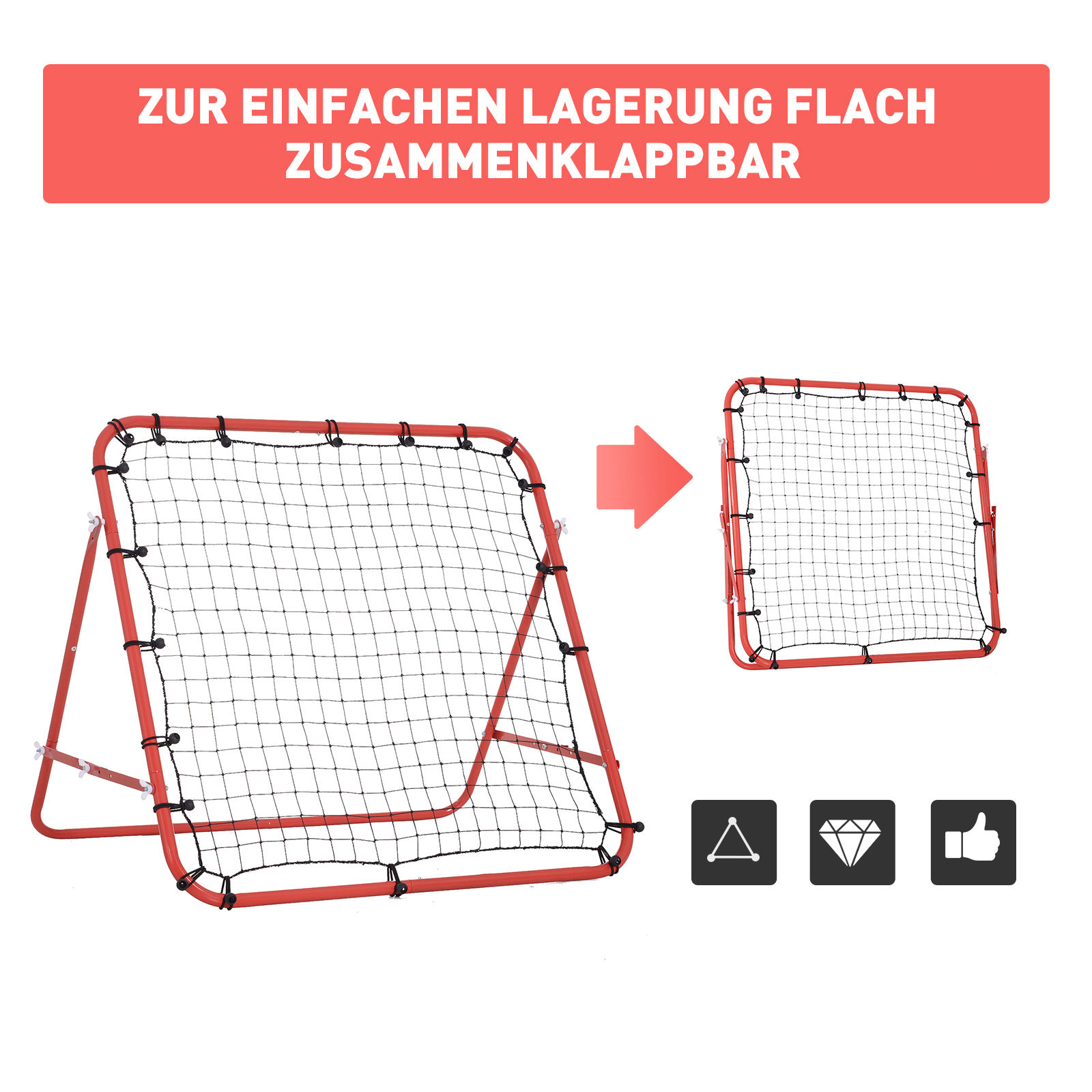 Rebounder für Fußball, 84 x 84 cm Fussball Rebounder mit stufenlos verstellbarem Winkel, Kickback Rückprallwand Fußballtor für Jugendliche Schuss-, Pass- und Ballannahmetraining Rot