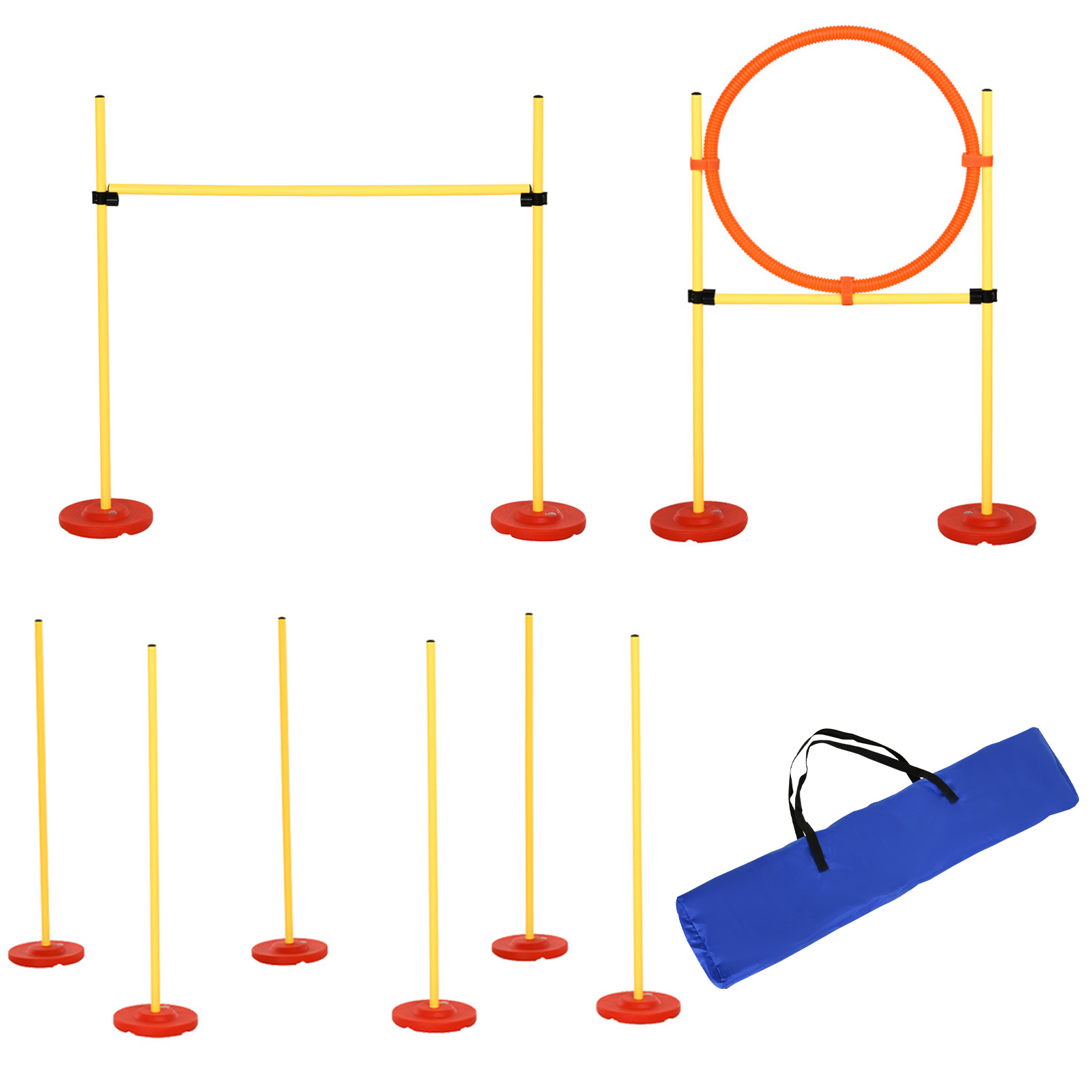 Agility Set Hunde 3-teiliges Agility-Ausrüstung für Hundetraining Steckhürdenset mit 6 Slalomstangen höhenverstellbar Hürden Sprungreifen Tragetasche Agilityset für Spiele Training Agility Set Hunde 3-teiliges Agility-Ausrüstung für Hundetraining Steckhürdenset mit 6 Slalomstangen höhenverstellbar Hürden Sprungreifen Tragetasche Agilityset für Spiele Training