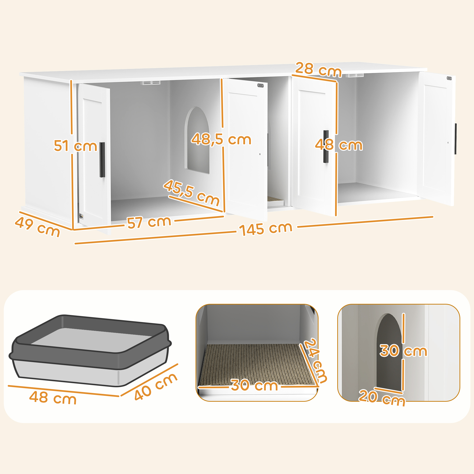 Katzenklo-Schrank Katzenhaus mit Tür Trennwand Katzentoilette für große Katzen 145 x 49 x 51 cm Weiß