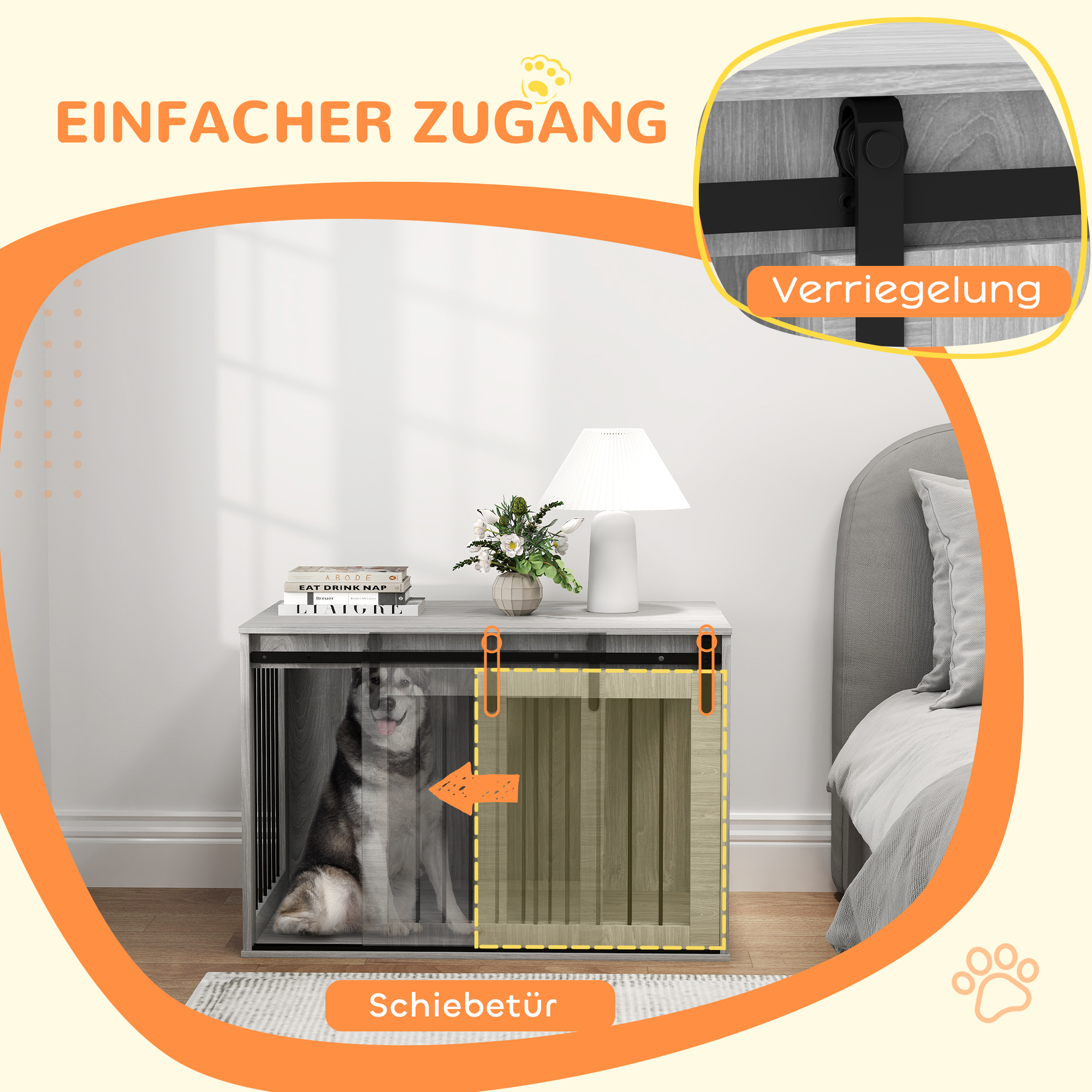 Hundebox mit Schiebetür, Belüftung, Spanplatte und Stahl, 98 x 58 x 61 cm, Grau