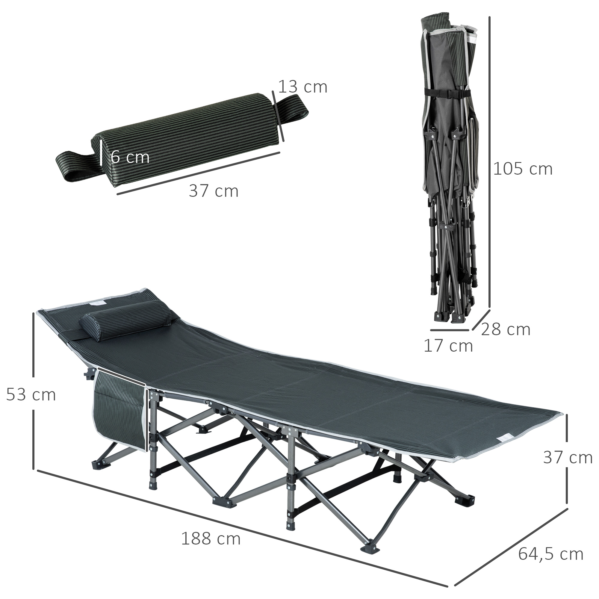 Campingbett, klappbares Feldbett mit Kopfkissen, 188 x 64,5 x 53 cm, Grau