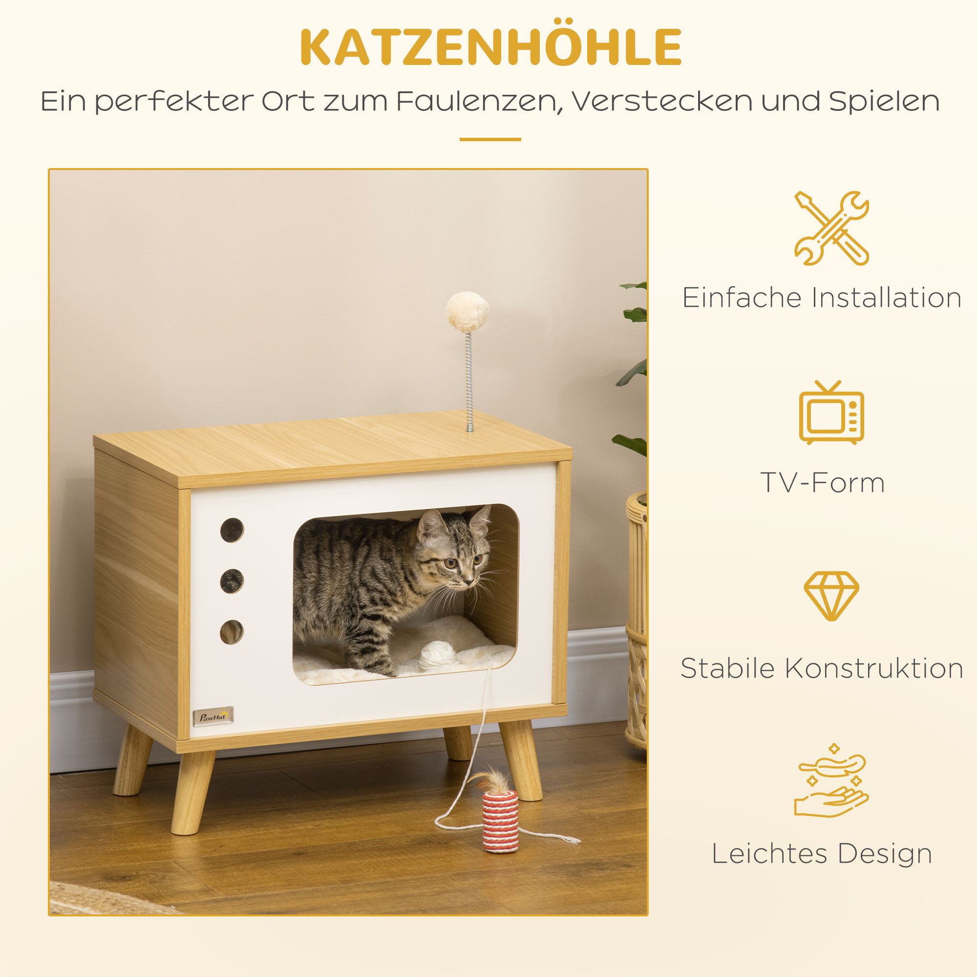 Katzenhöhle imTV-Design inkl. Spielzeug, waschbares Kissen, 50 cm x 28 cm x 43 cm, Eiche + Beige + Weiß