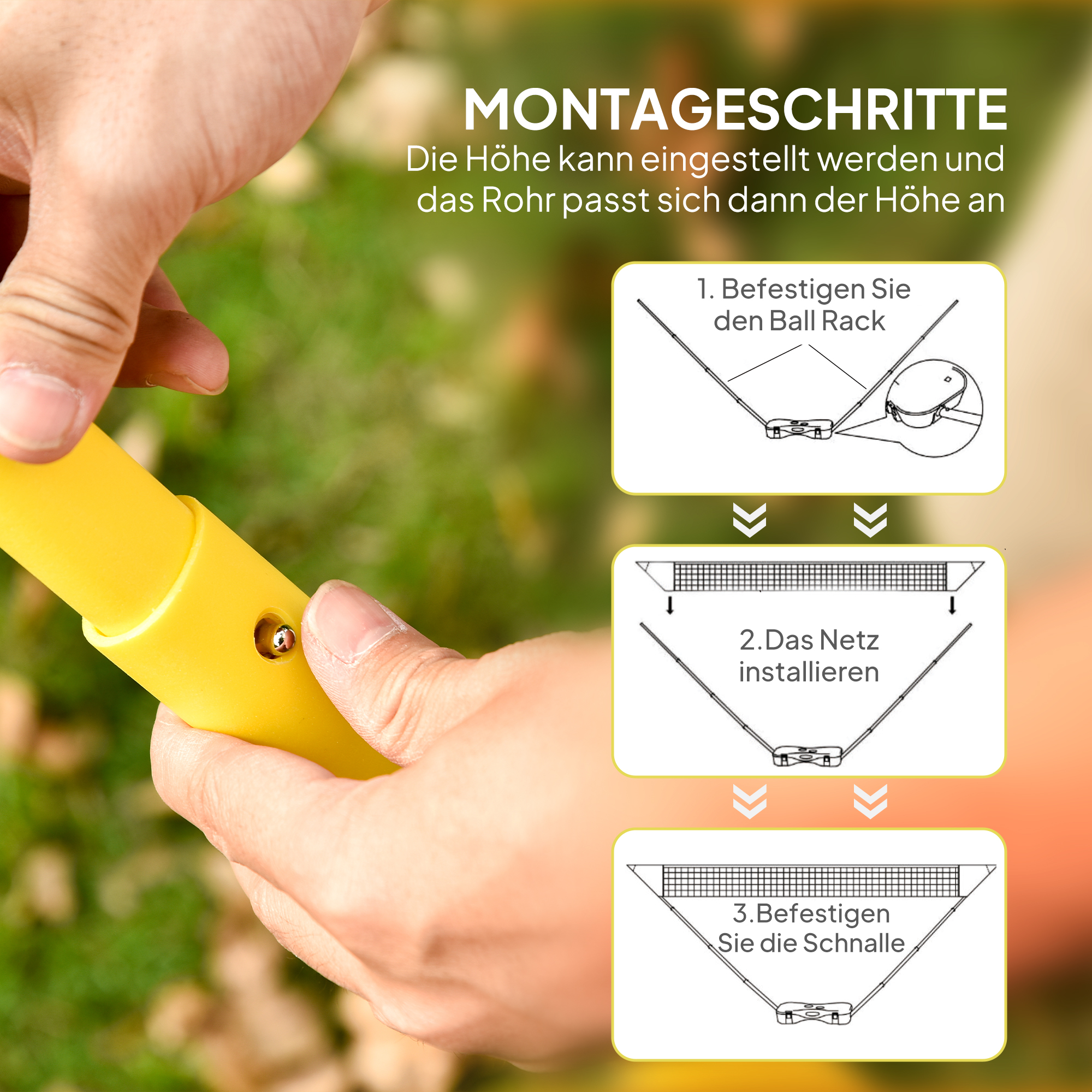 Badminton Netz mit Stand, Badminton-Netzständer, tragbarer Netzständer, Badmintonnetz mit 4 Badminton-Schlägern, Outdoor-Sport, Gelb+Blau, 286 x 33 x 157 cm