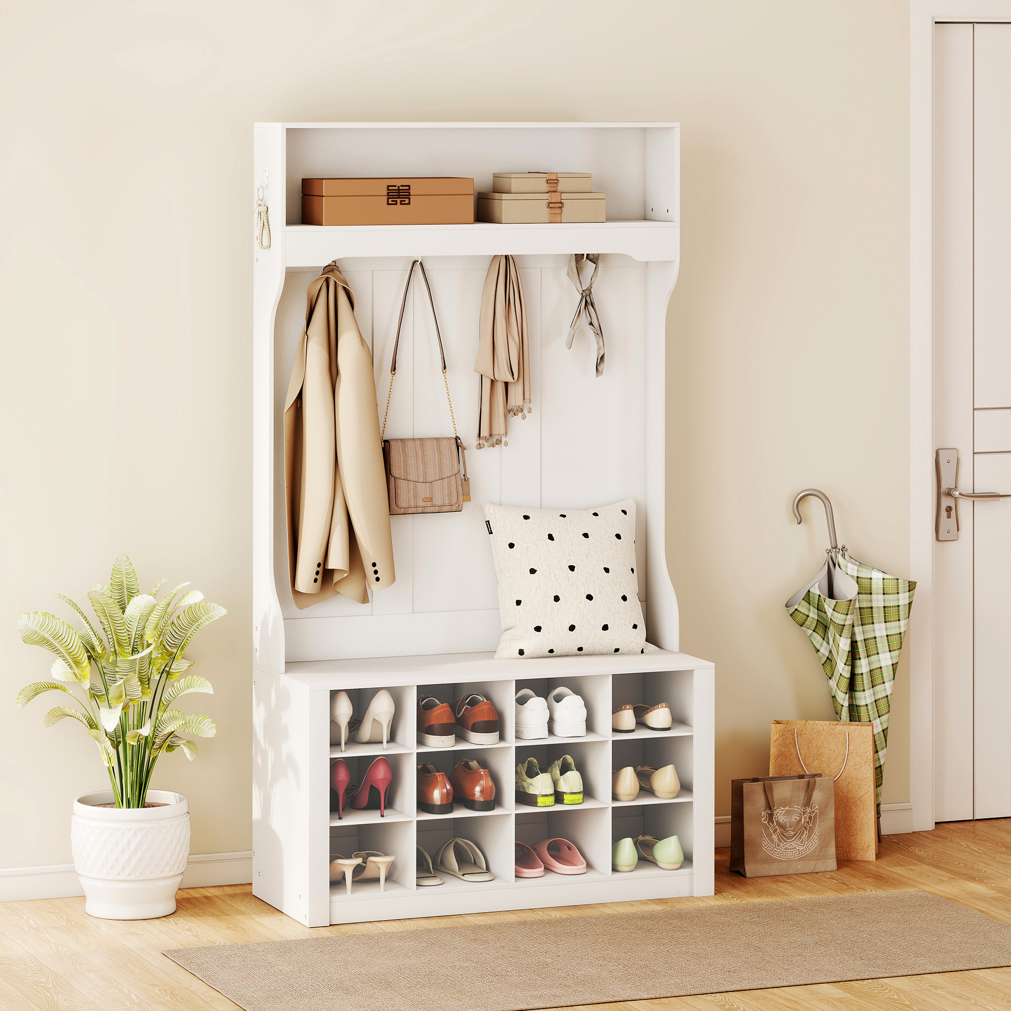 Garderobe mit Regal, Bank, Haken, Schuhfächern, Spanplatten, MDF, Weiß
