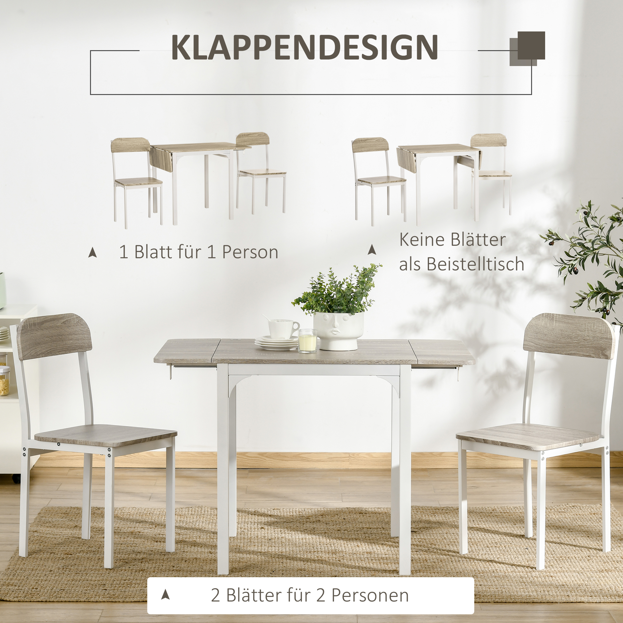 2-teilige Sitzgruppe, Klappbarer Esstisch mit 2 Stühlen, Klapptisch, 110 cm x 70 cm x 75 cm, Weiß + Natur