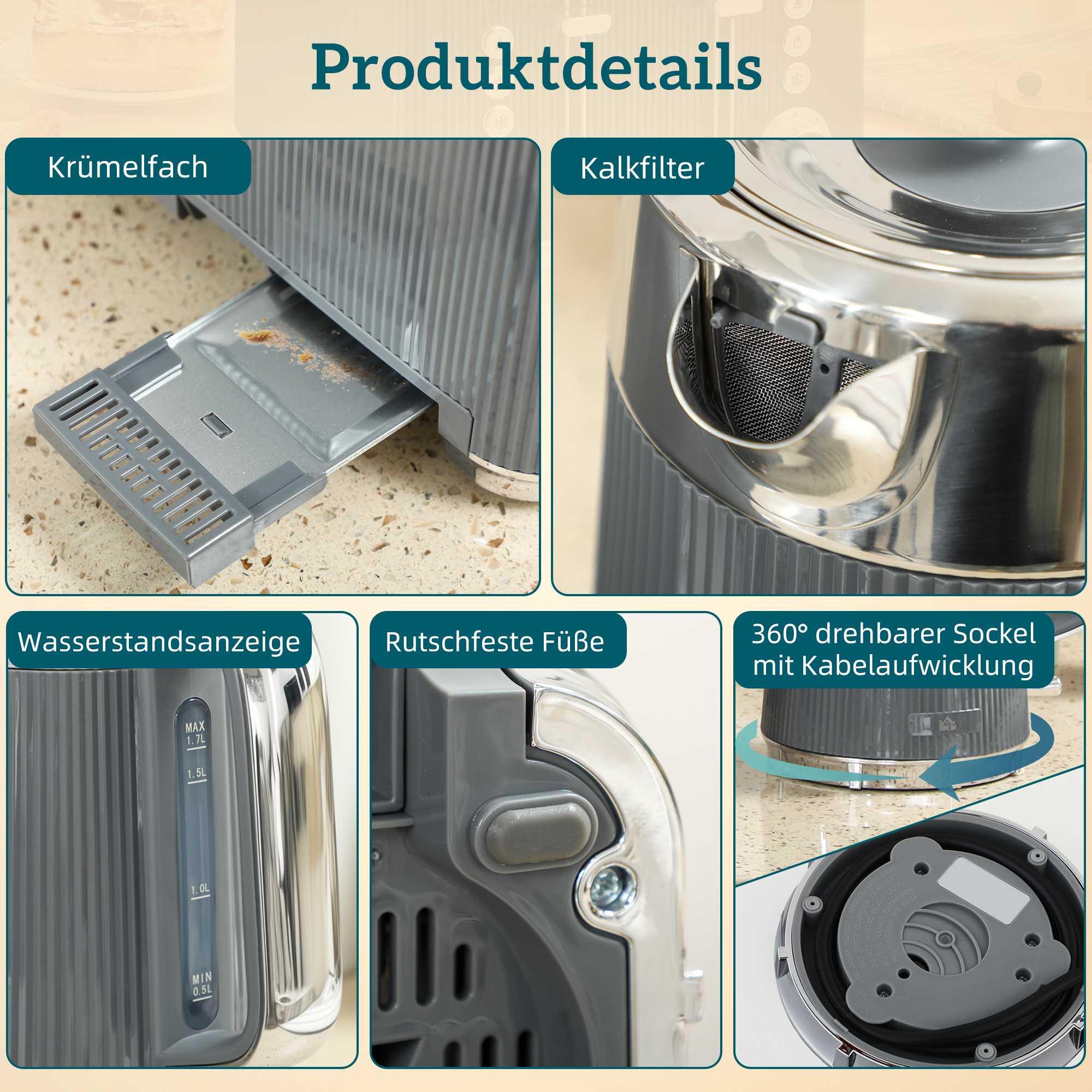 2200W, 1,7L Wasserkocher mit Schnellkochfunktion, Kalkfilter und 4-Scheiben-Toaster mit 7 Bräunungsstufen, Grau