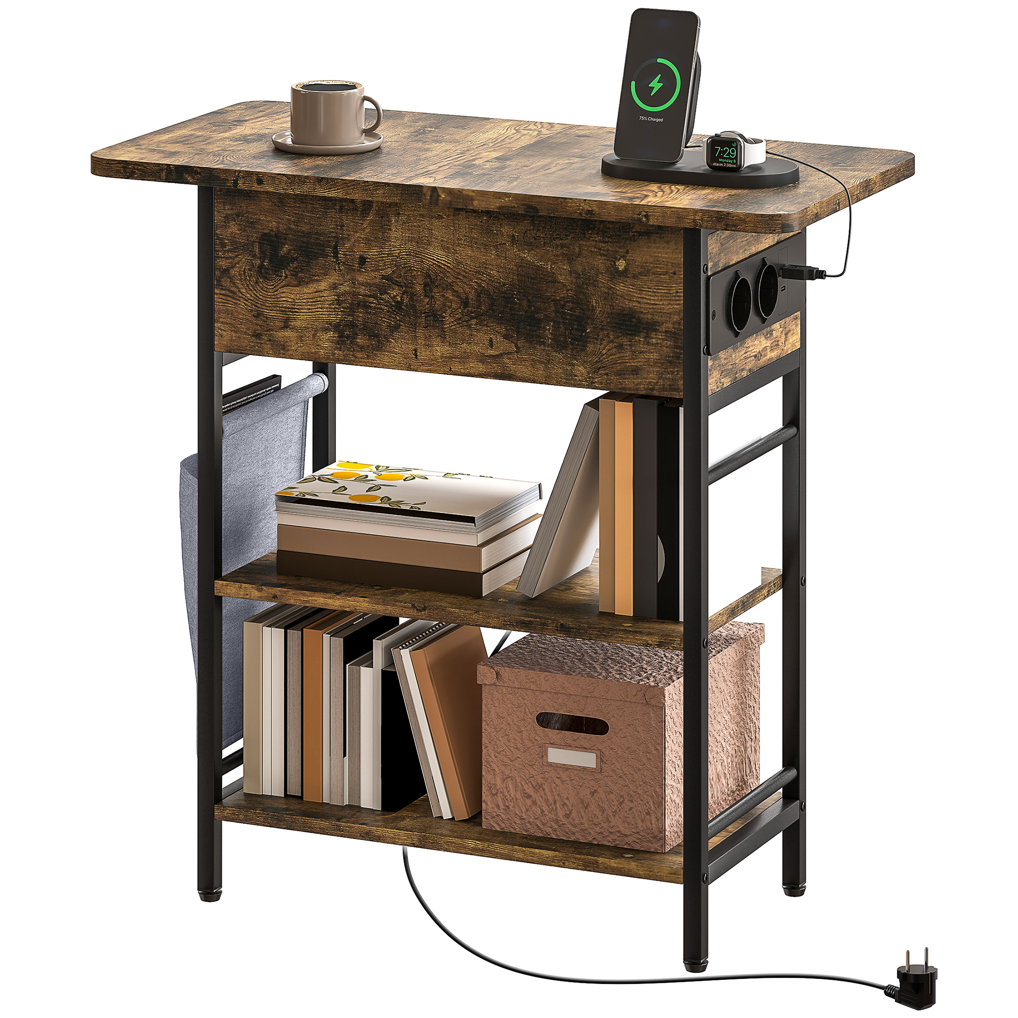 Beistelltisch Nachttisch mit Steckdosenleiste, 2 Ebenen, USB-Anschlüssen Stauraum 60 x 29,8 x 58,5 cm Rustikal Braun