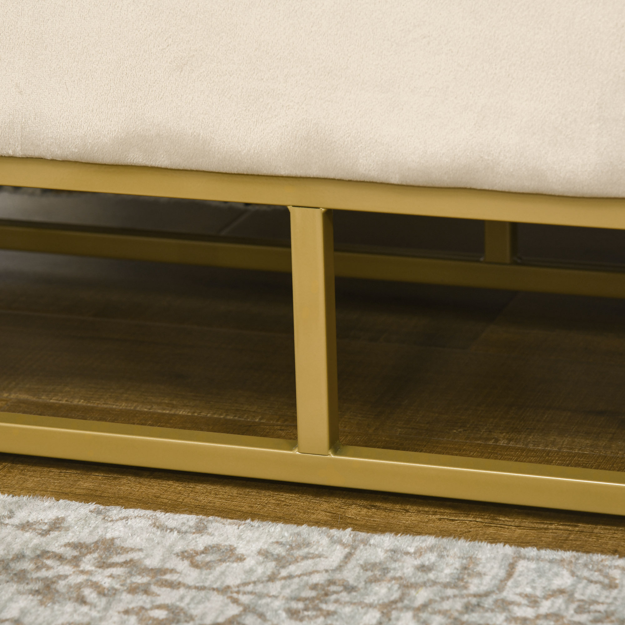 Sitzbank mit Stauraum, dekorative Knopfheftung, Flanelloptik, goldfarbene Stahlbeine, 110 x 47 x 46,5 cm