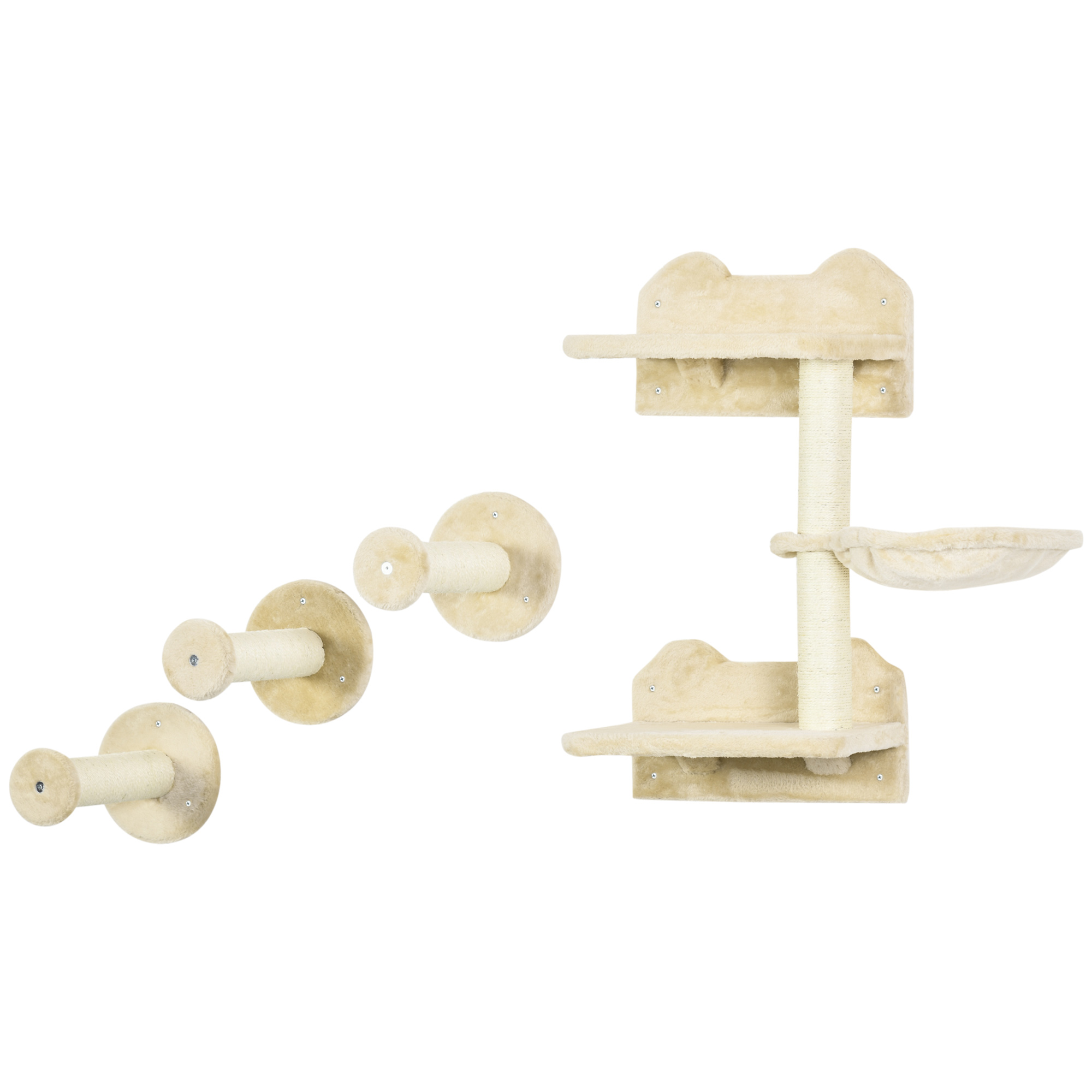 Kletterstufen, Kletterwand, Katzentreppe, 4-tlg, Set, mit Kratzbaum, Hängematte, beige+cremeweiß, 40 x 28 x 73cm