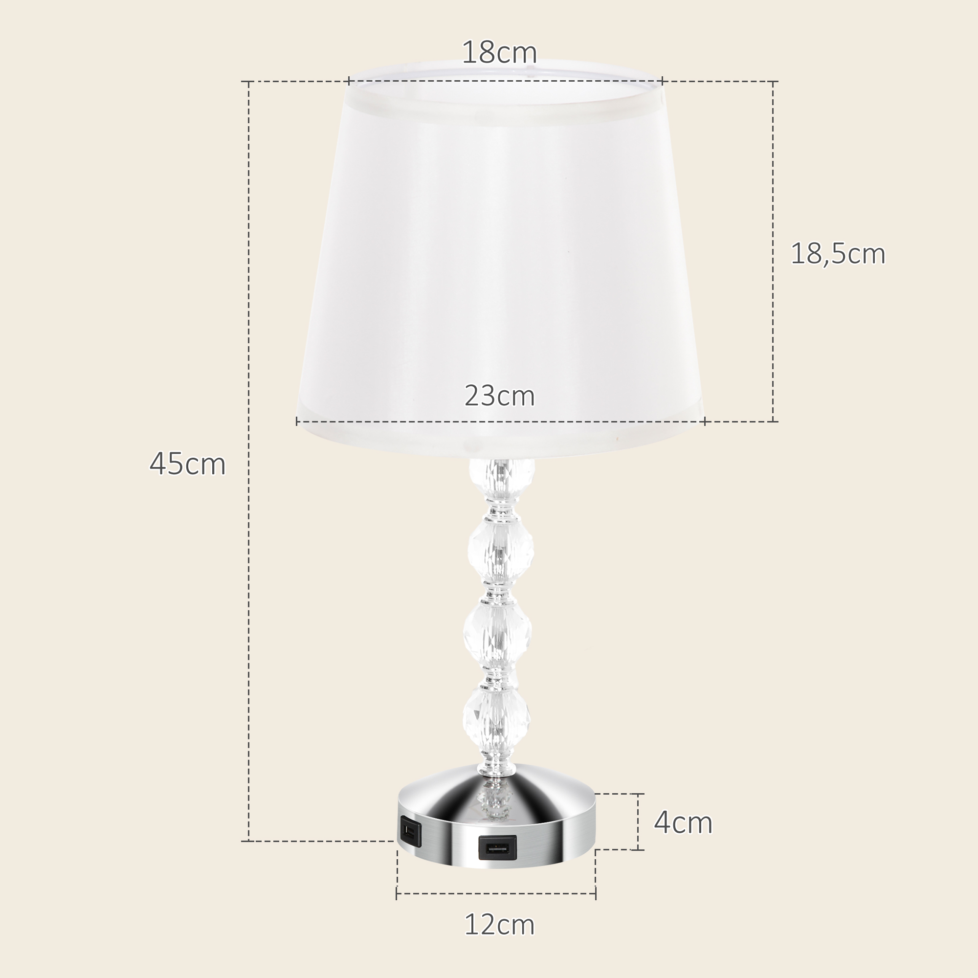Kristall-Tischleuchte, Touch-Schalter, USB-Ladeanschluss, Ø23x45 cm, Silber