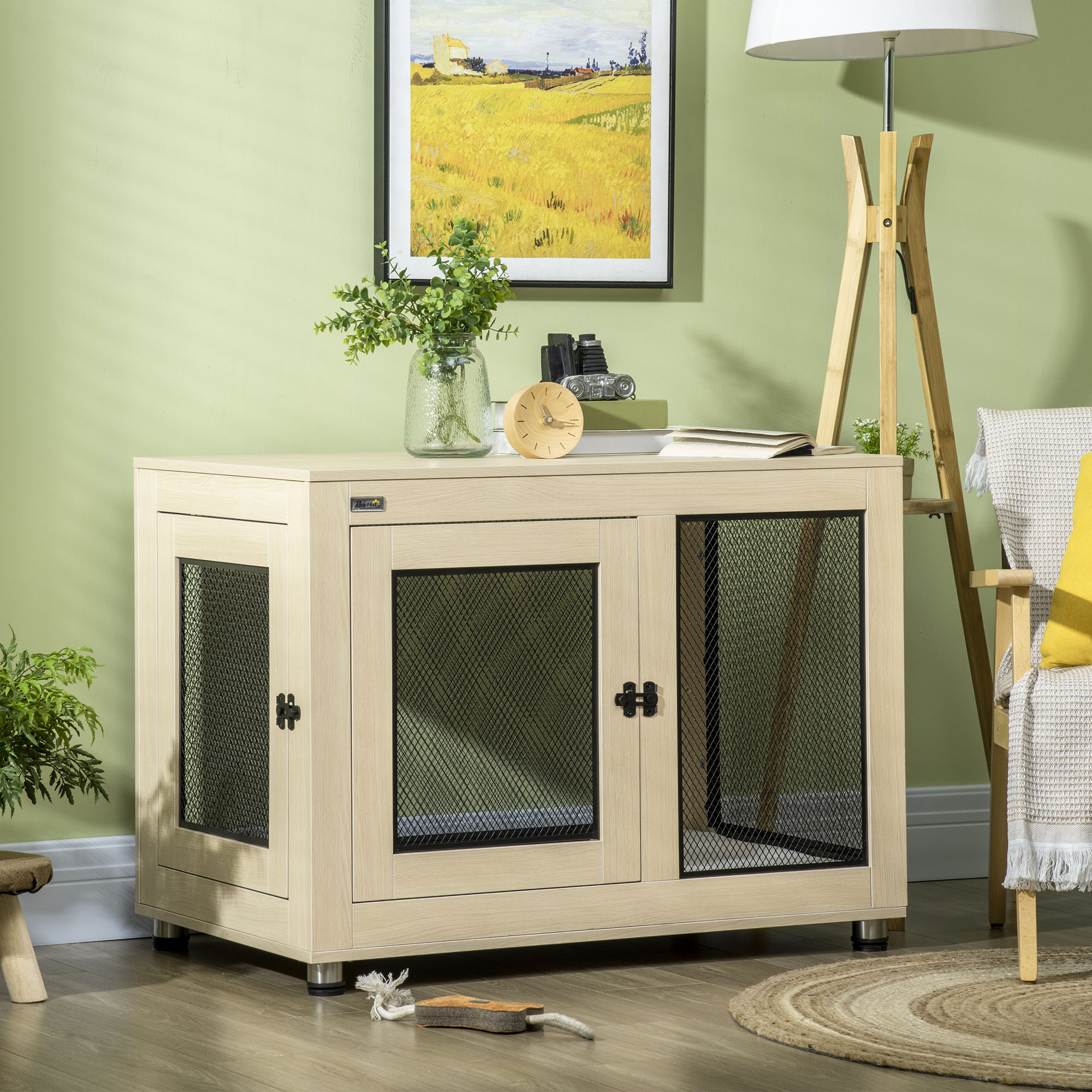 Hundebox Hundekäfig, Modernes Design, verriegelbar, 2 Türen, 94 cm x 60 cm x 71,5 cm, Natur + Schwarz