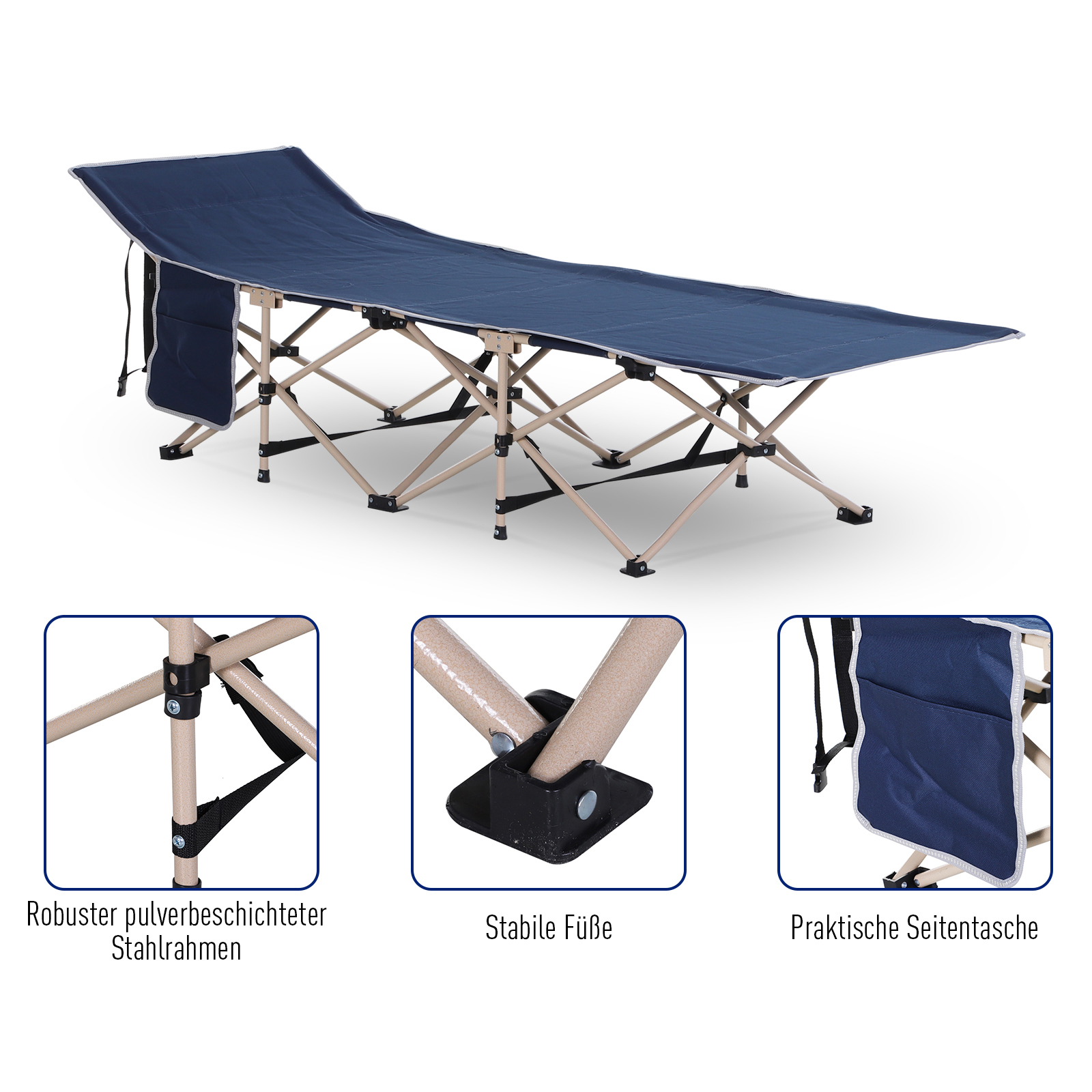 Feldbett, Camping-Bett, klappbar, wetterbeständig, ink, Tragetasche, 190 cm x 68 cm x 52 cm, Blau