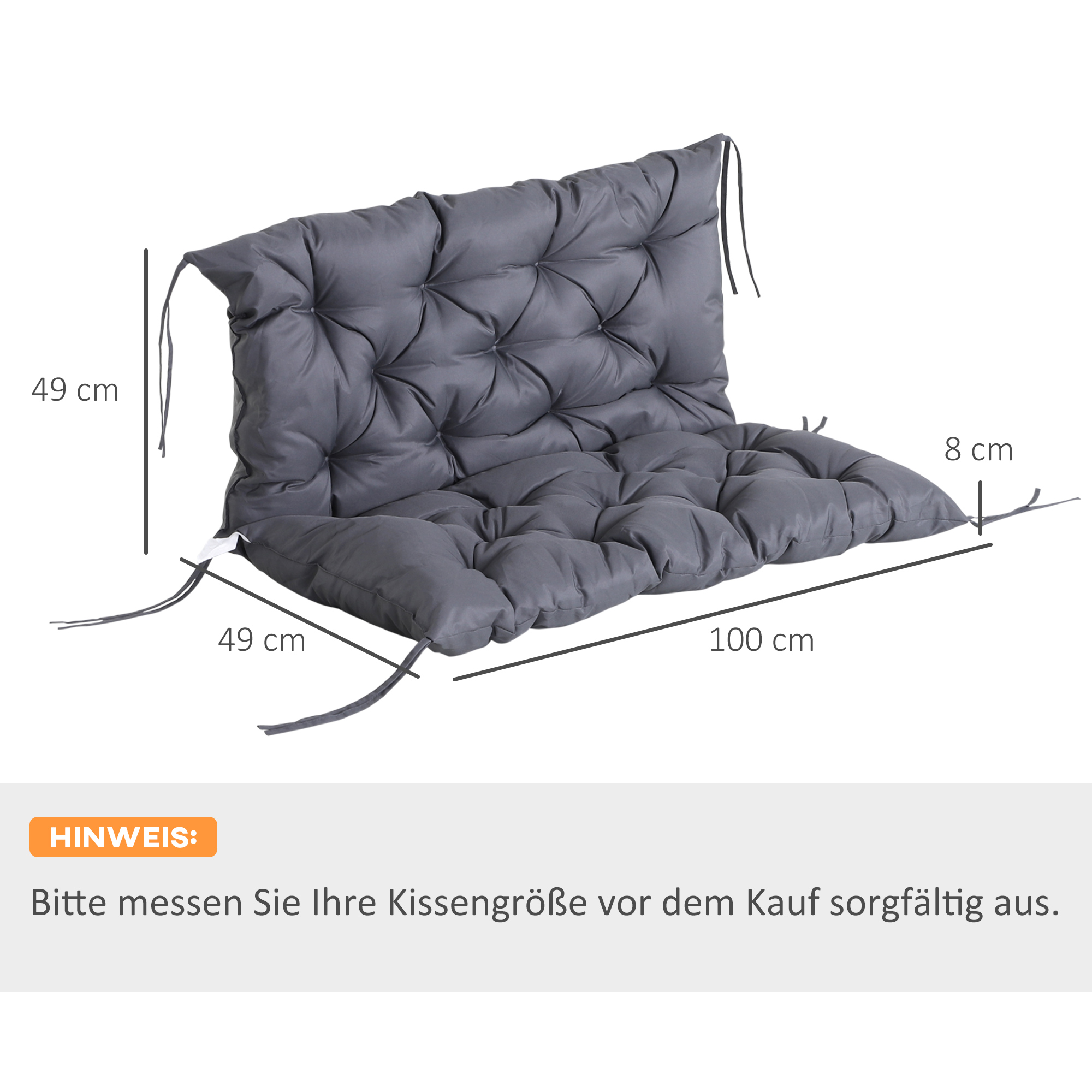 2 Sitzer Bankauflage 100 x 98 x 8 cm Sitzkissen mit Bändern Rückenkissen für Indoor/Outdoor Polster Auflage für Sitzbank Gartenbank Gartenmöbel Hollywoodschaukeln Dunkelgrau