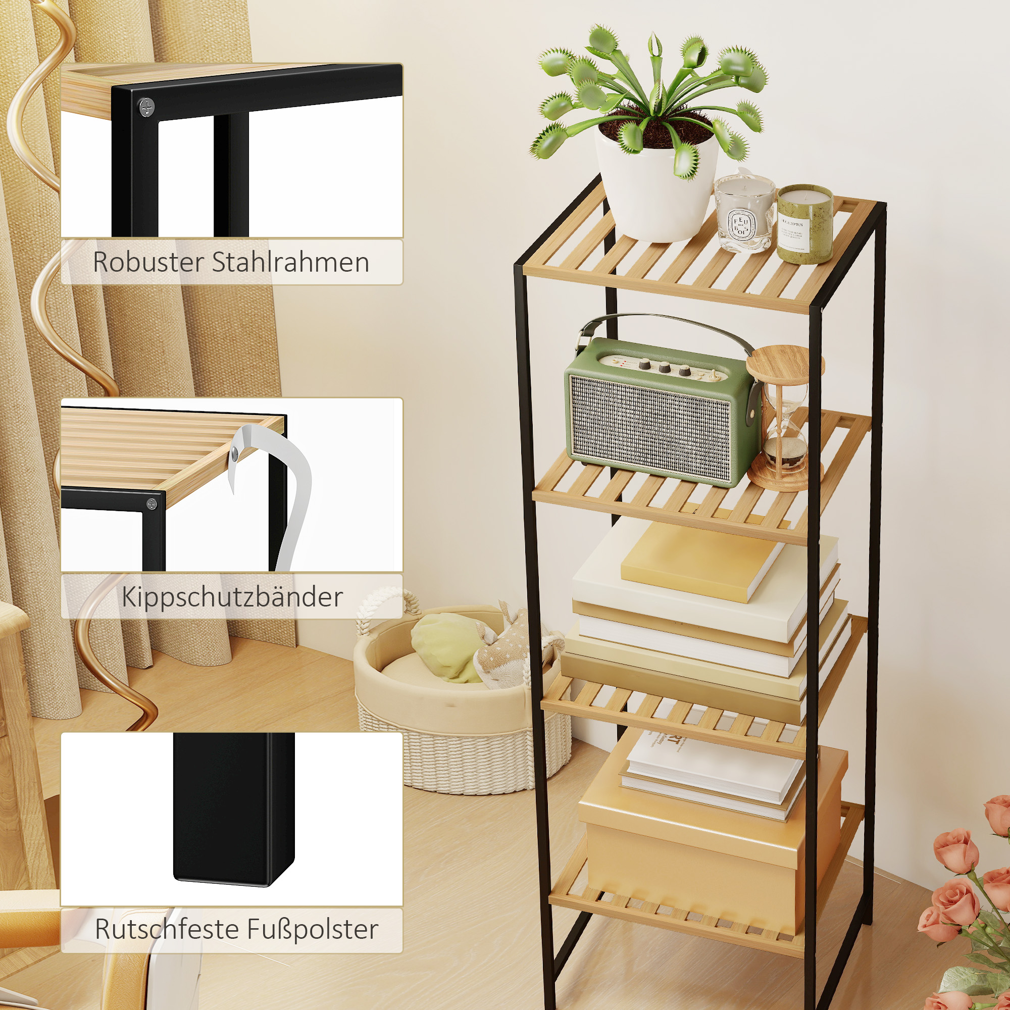 Standregal Badregal aus Bambus und Stahl, mit 4 Ablagen, 4-stöckiges Bücherregal, 36,5 x 33 x 110 cm, Natur