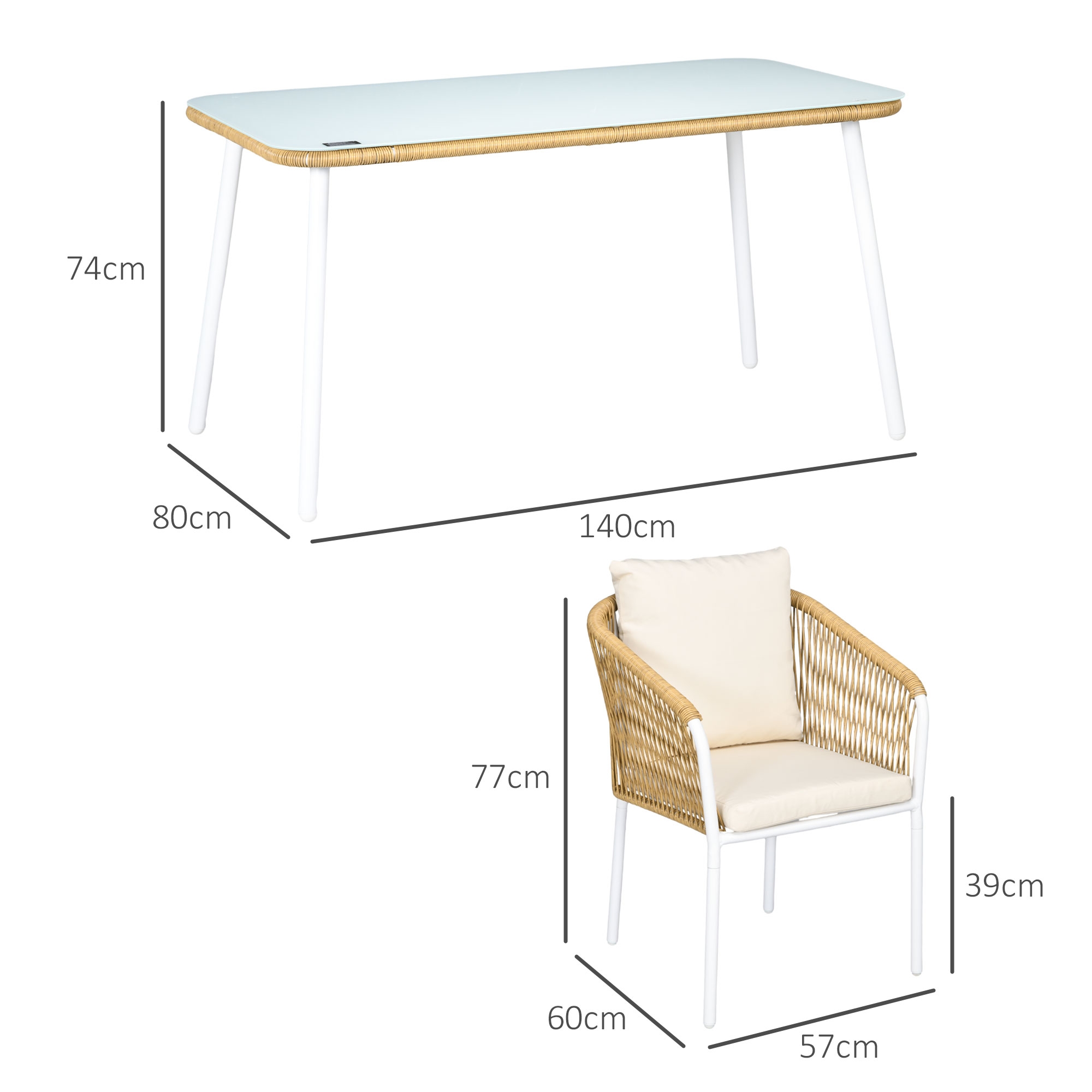 Gartengarnitur, 5-teilig, Rattanoptik, Sitz- & Rückenkissen, rostfreier Alu-Rahmen, Gelb/Weiß/Beige