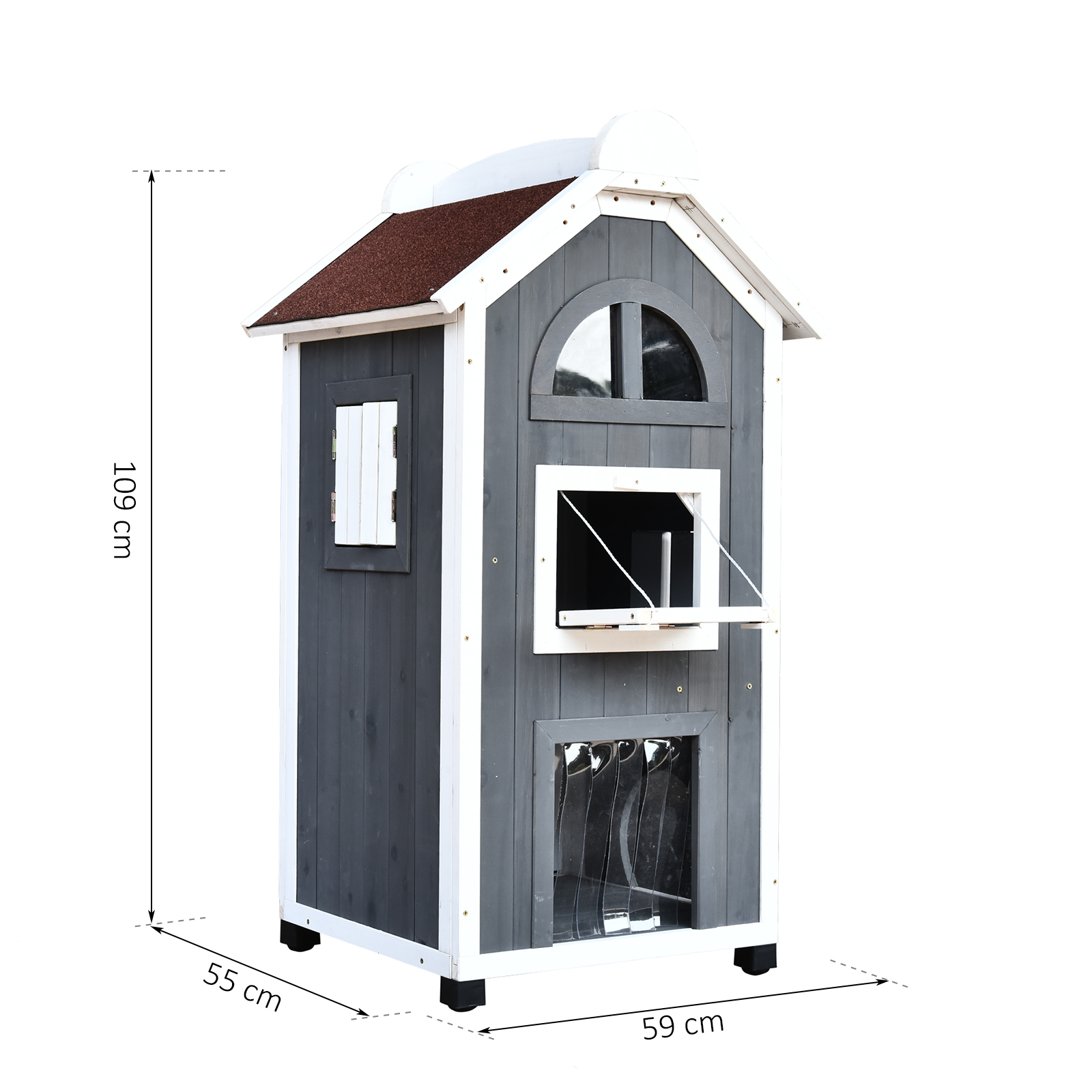 Katzenhaus für Katzenbett oder Katzentoilette, Katzenschrank, Katzenklo Indoor, Tannenholz, Asphaltdach, Grau, 59 x 55 x 109 cm