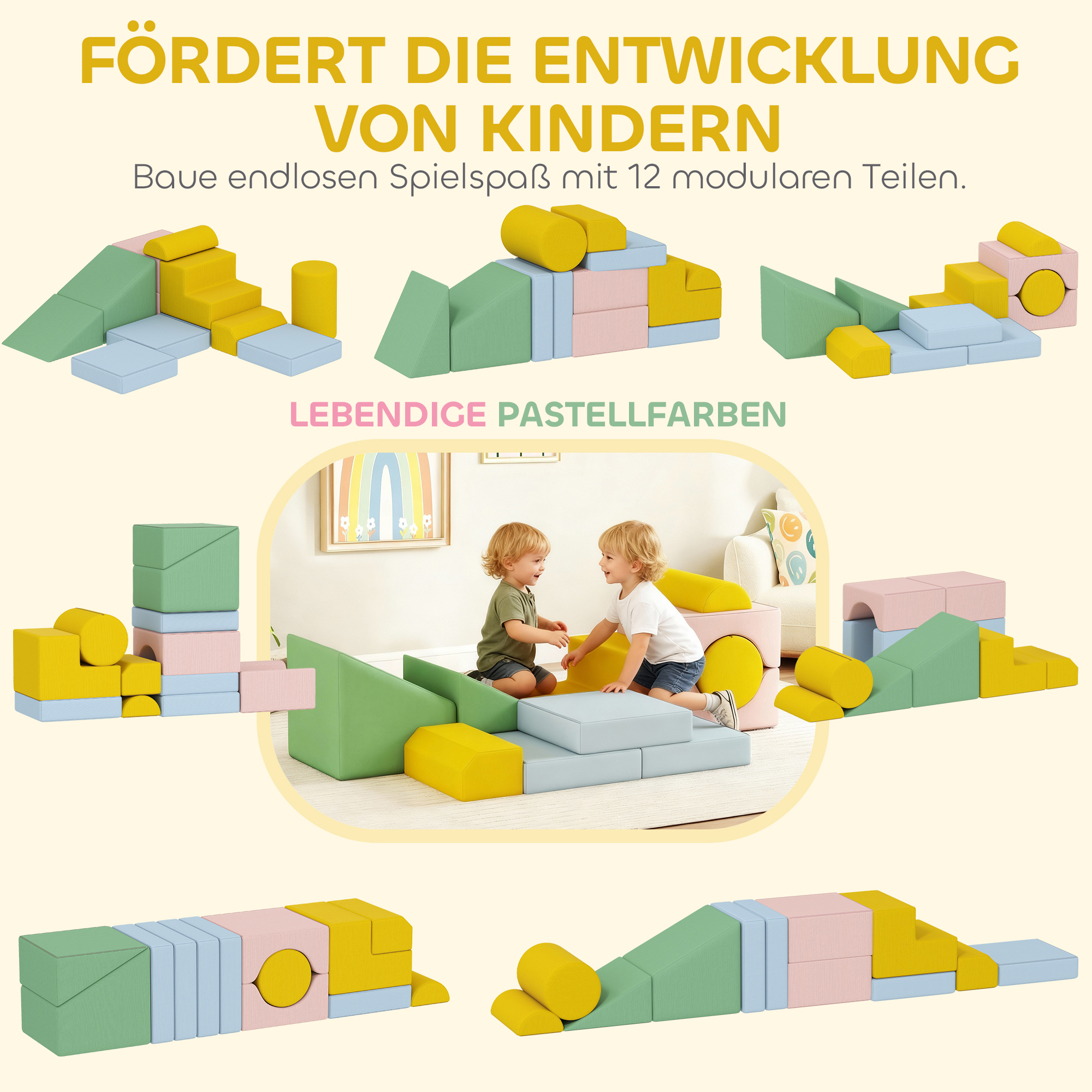 Softbaustein-Set für Kinder, 12-teiliges Stoffblock-Set, Schaumstoff, Cordbezug, waschbar, Pastellbunt