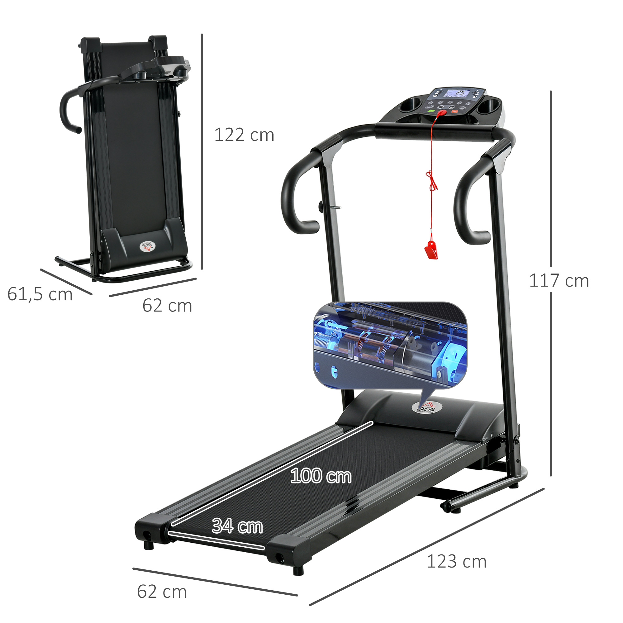 Elektrisches Laufband, faltbar, mit LCD-Display, Geschwindigkeit 0,8-10km/h und 3 Programme, Leistung 500 W, 123 x 62 x 117 cm, Schwarz