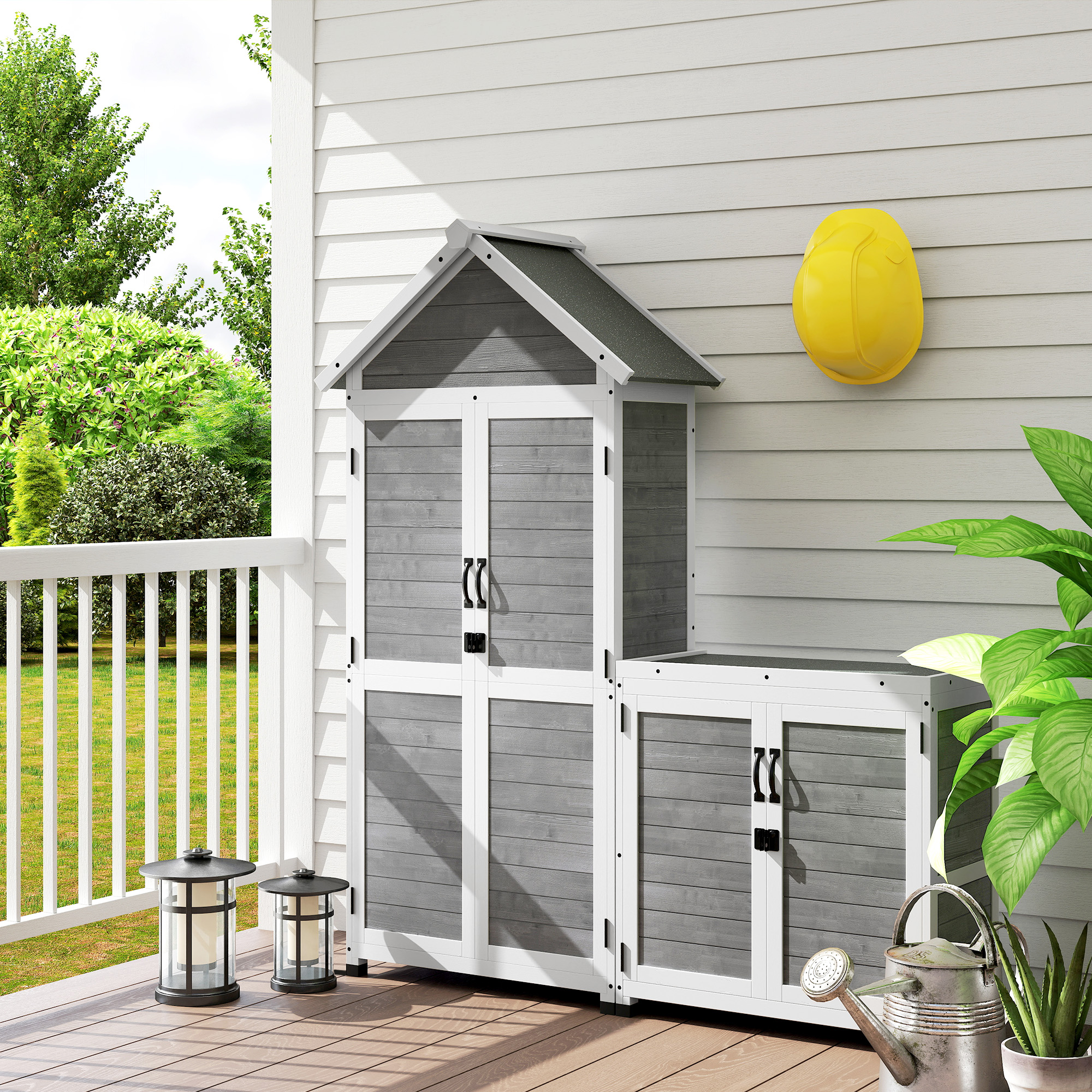 Gartenschuppen mit Aufbewahrungsschrank, anpassbare Regale, verschließbare Türen, wasserfest, Fichtenholz, Hellgrau