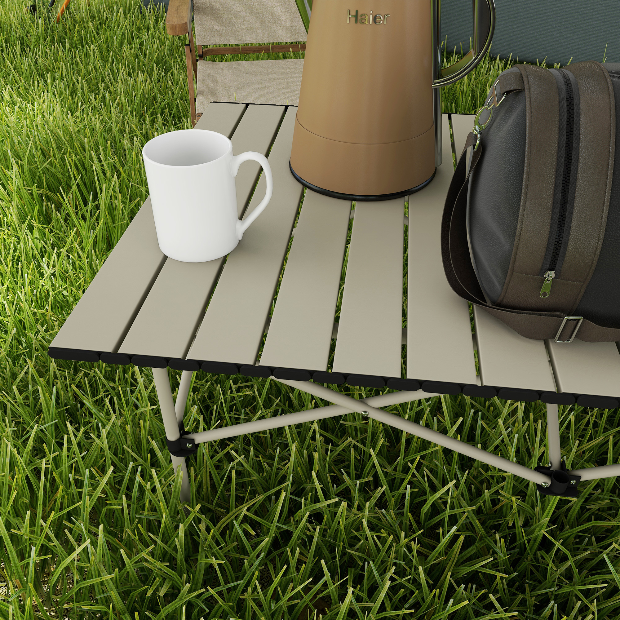 Campingtisch Klapptisch mit Aufrollbare Tischplatte Gartentisch aus Aluminium 2 Personen 95 x 55cm Khaki