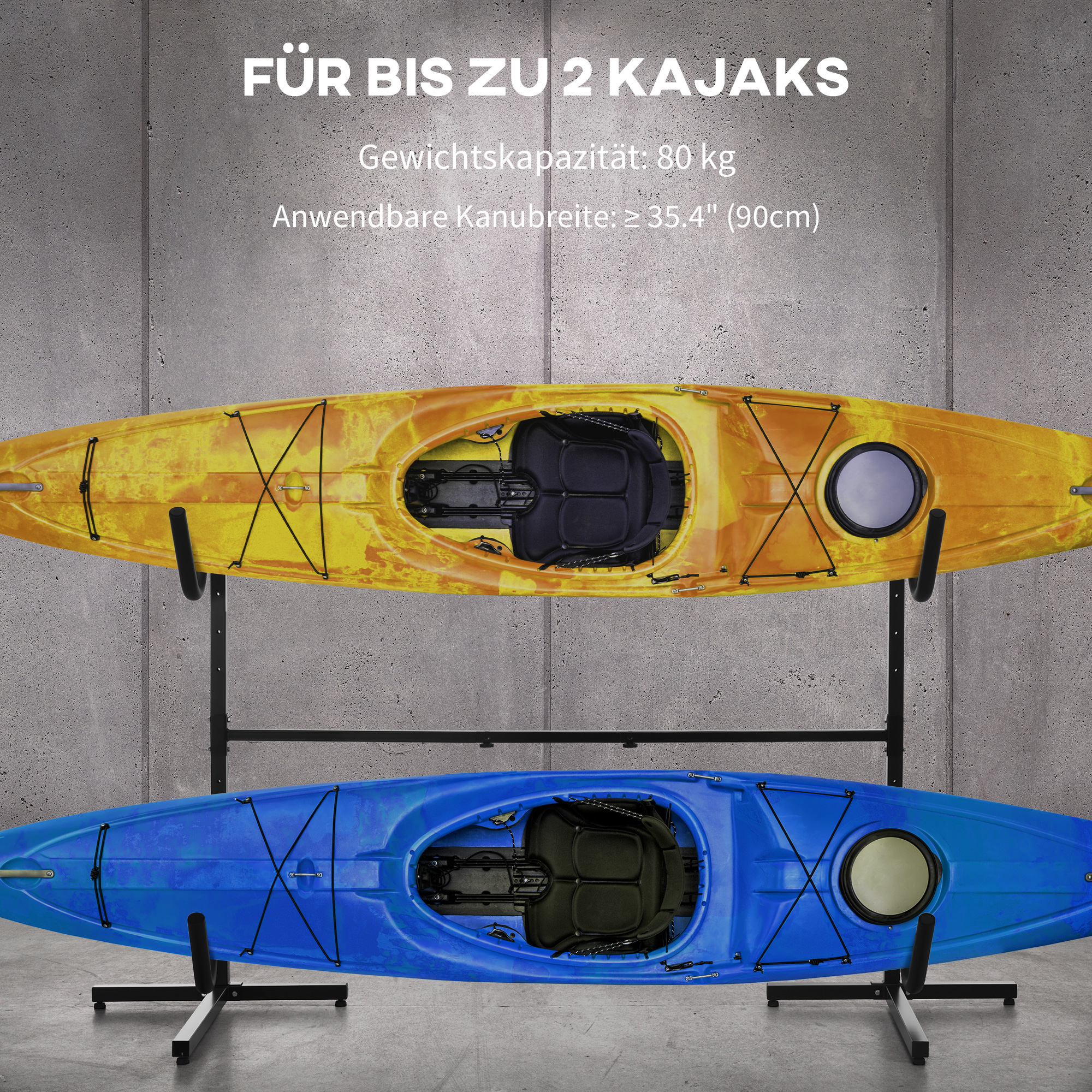 Halterung für 2 Kajaks, Surfboards, Stand-Up-Paddles, Metallrahmen, breitenverstellbar 144-180 cm