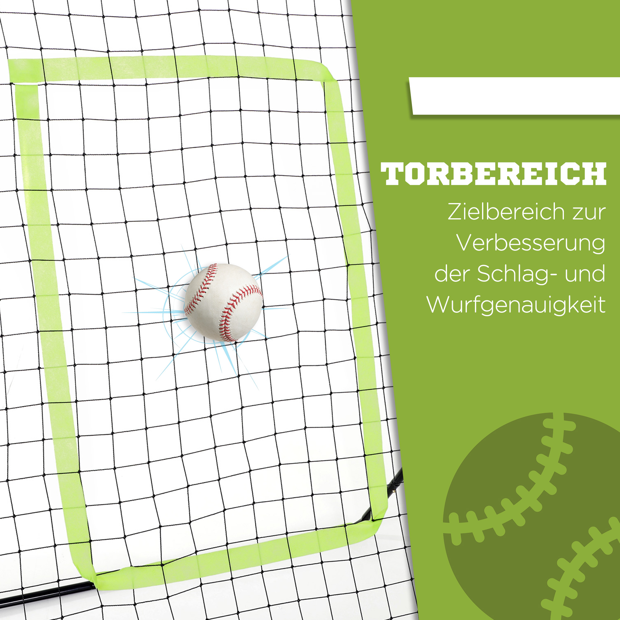 Baseball-Rückprallnetz, wetterbeständig, Metallrahmen, grüne Trefferzone, 174H x 123B x 90T cm