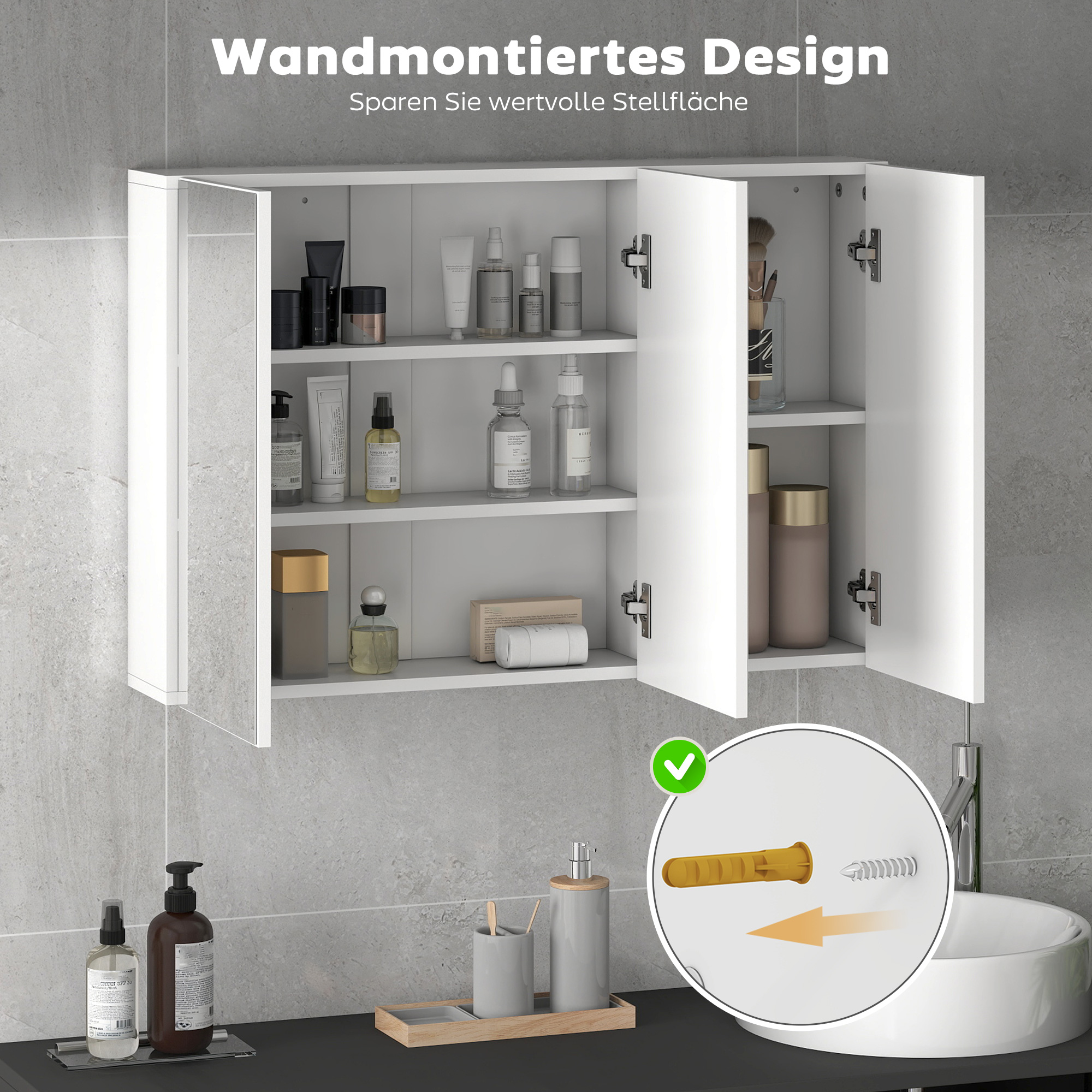Badezimmerspiegelschrank, Badschrank mit 3 Spiegeltüren, Wandmontage, 90 x 15,5 x 60 cm, Spanplatte, Weiß