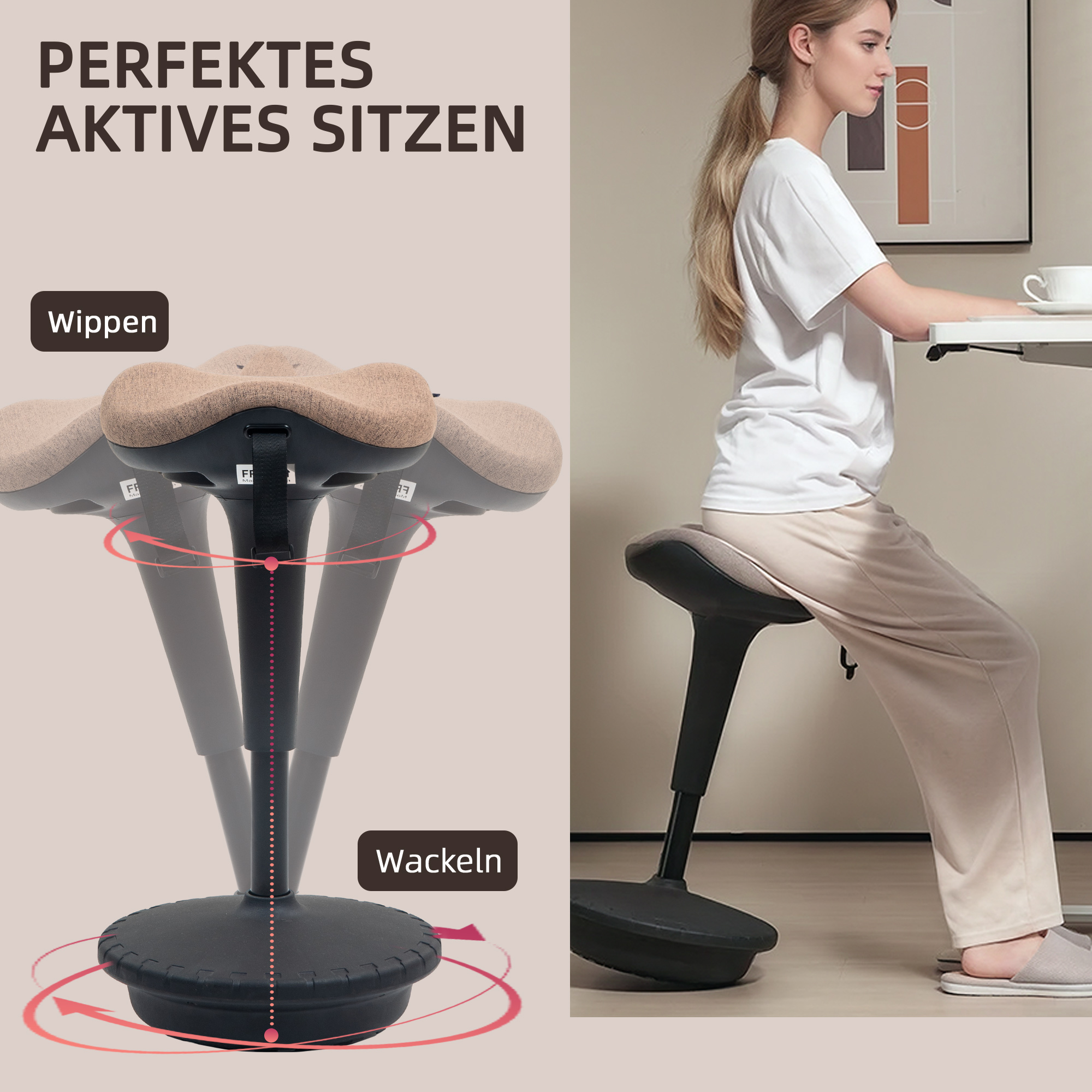Balancehocker, beweglicher Sitz, drehbarer Bürohocker, höhenverstellbar, ergonomisch, 34 x 34 x 68,5-83,5 cm, Braun