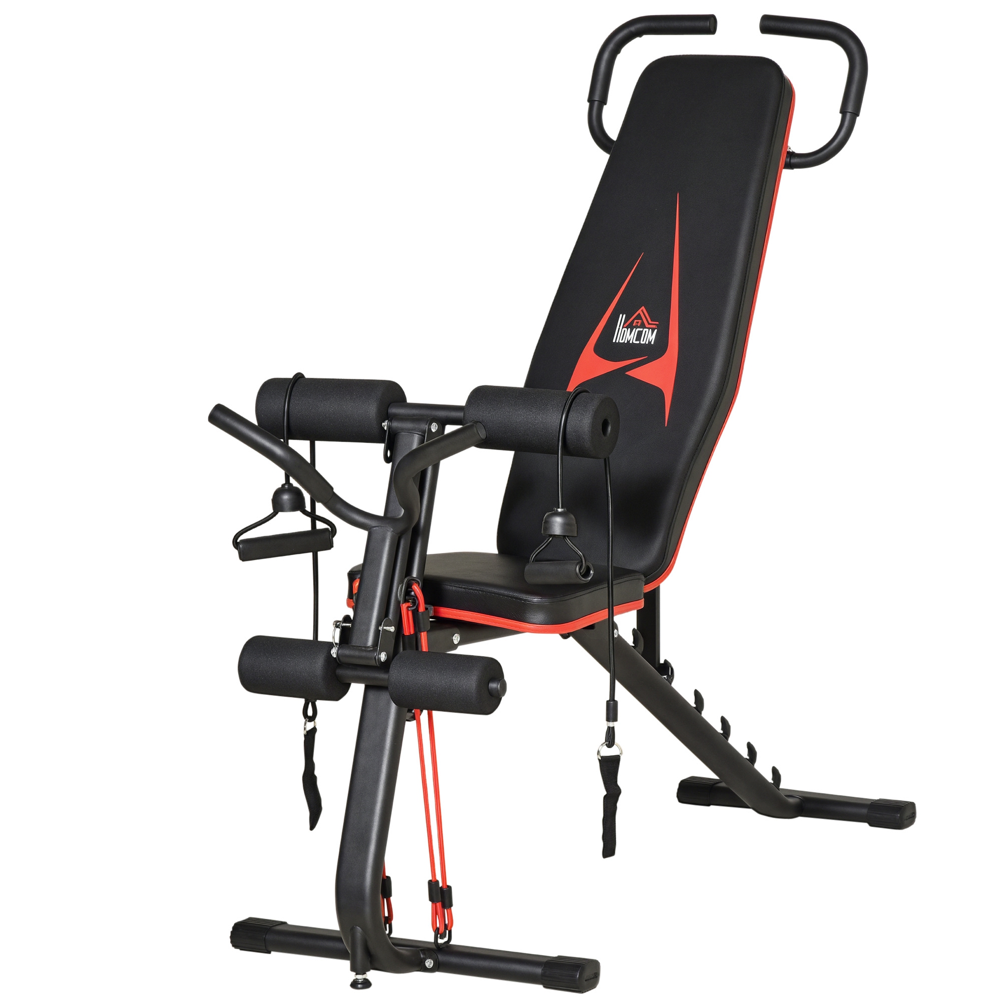 Hantelbank verstellbare Trainingsbank mit elastischer Seils Sit Up-Bank für Heimtraining 6 Stufen Rückenlehne-Gefälle Gewicht bis 150 kg Stahl Kunstleder Schwarz+Rot 145 x 49 x 48-127 cm