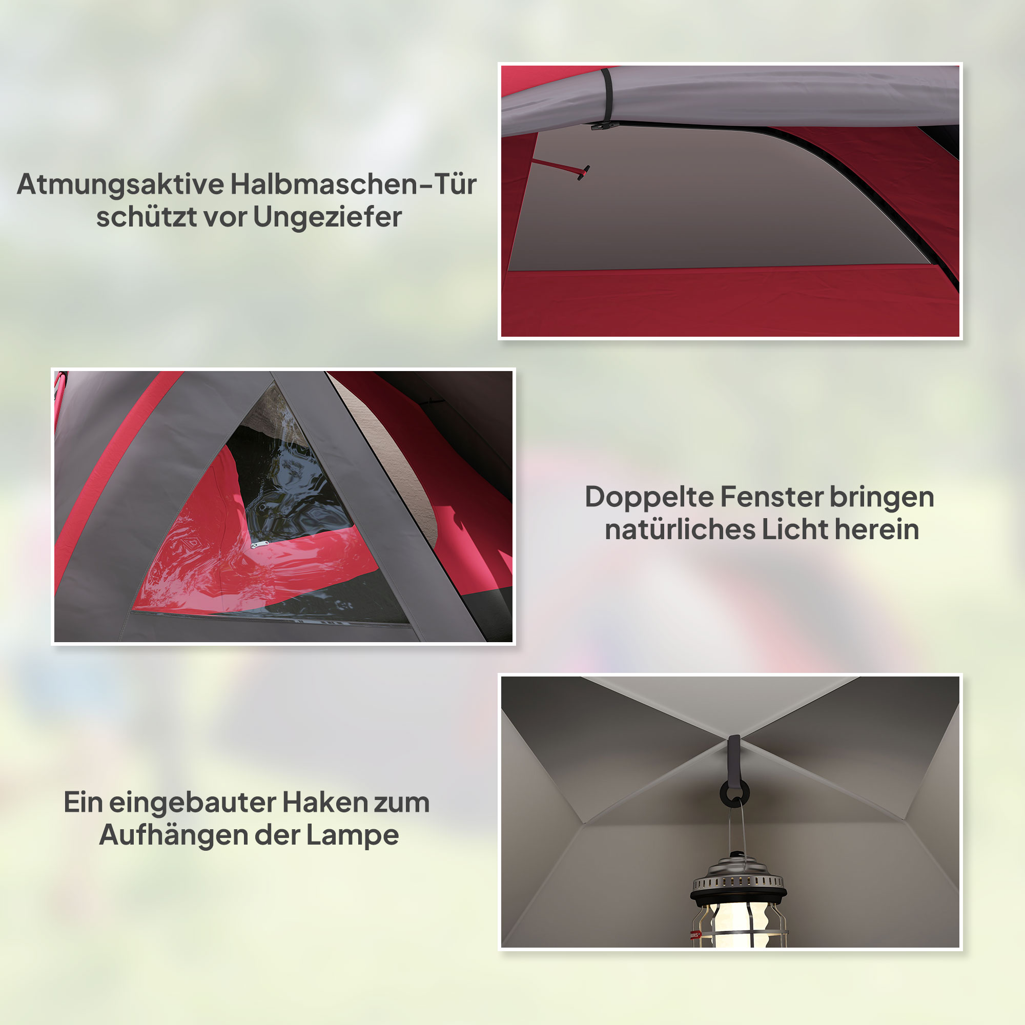 Campingzelt für 3 Personen leicht, stabil wasserdicht UV 50+ mit Vordach Tür Fenster, Bodenplane Grau