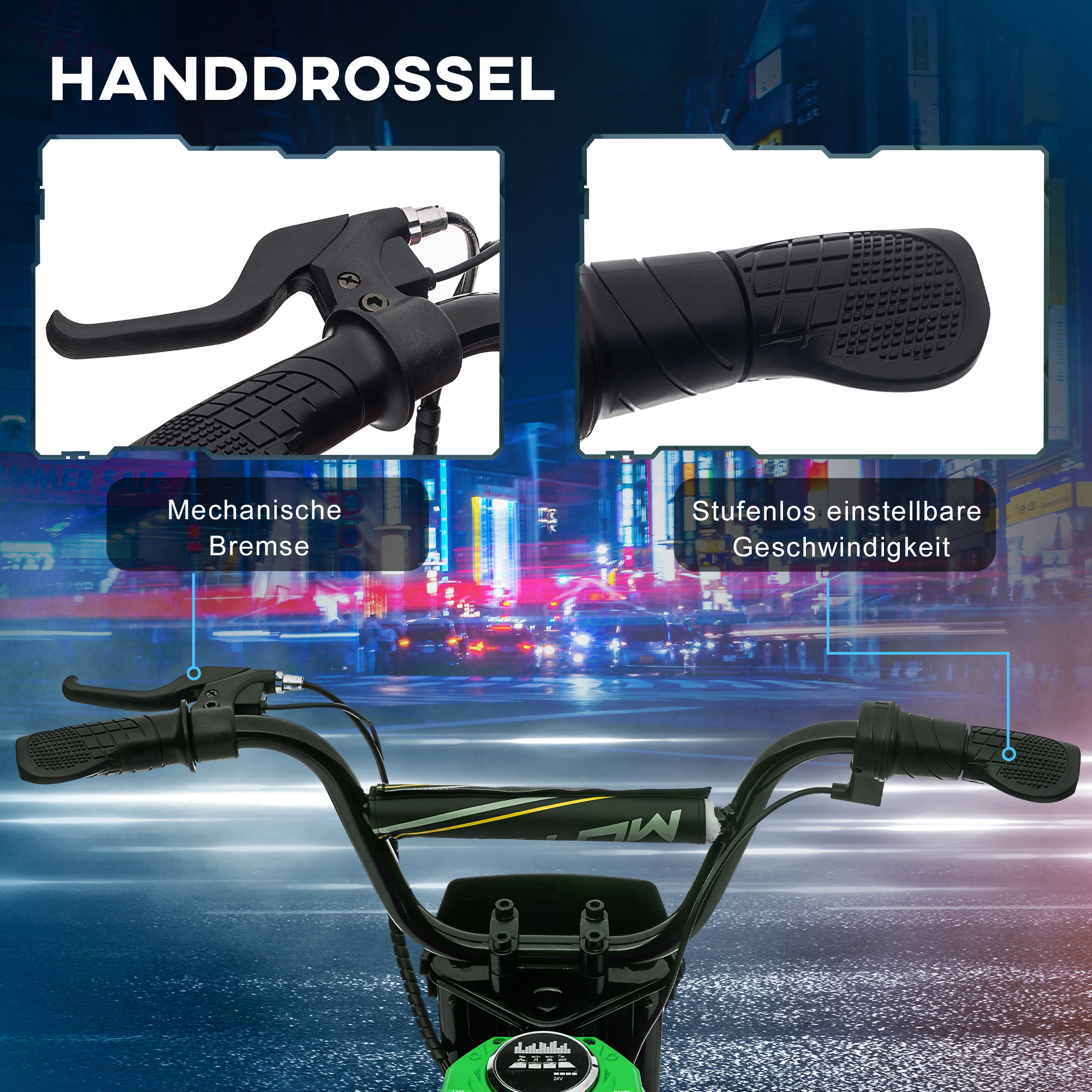 Elektro-Kindermotorrad, 24V Motor, einstellbare Geschwindigkeit, Musik & Lichter, Grün