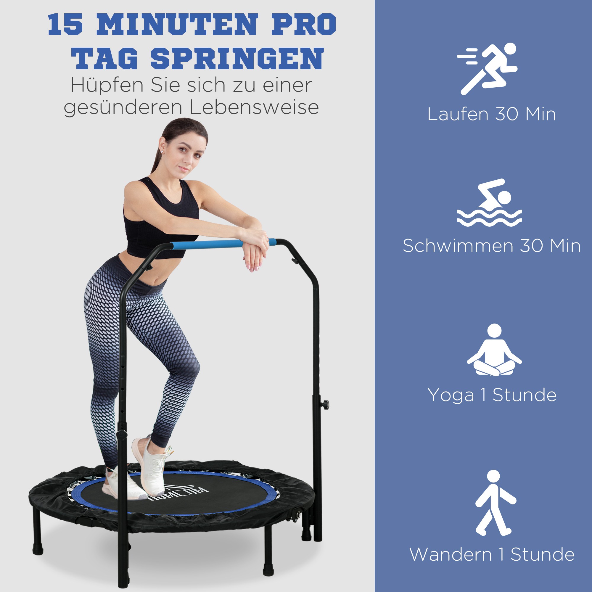 Fitnesstrampolin, klappbar, verstellbarer Haltegriff, Ø102x123H cm, bis 100 kg, Schwarz/Blau