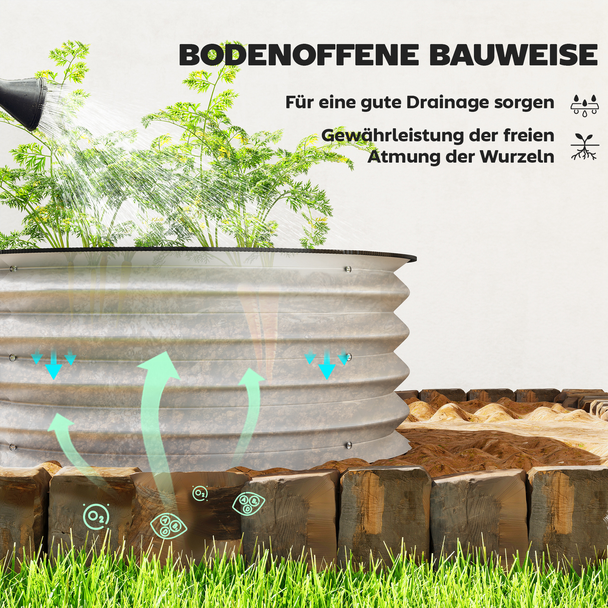 2er-Set Hochbeet Pflanzenbeet, modulares Hochbett, 2 Stück, ohne Boden, Ø60 x 30 cm. Silber