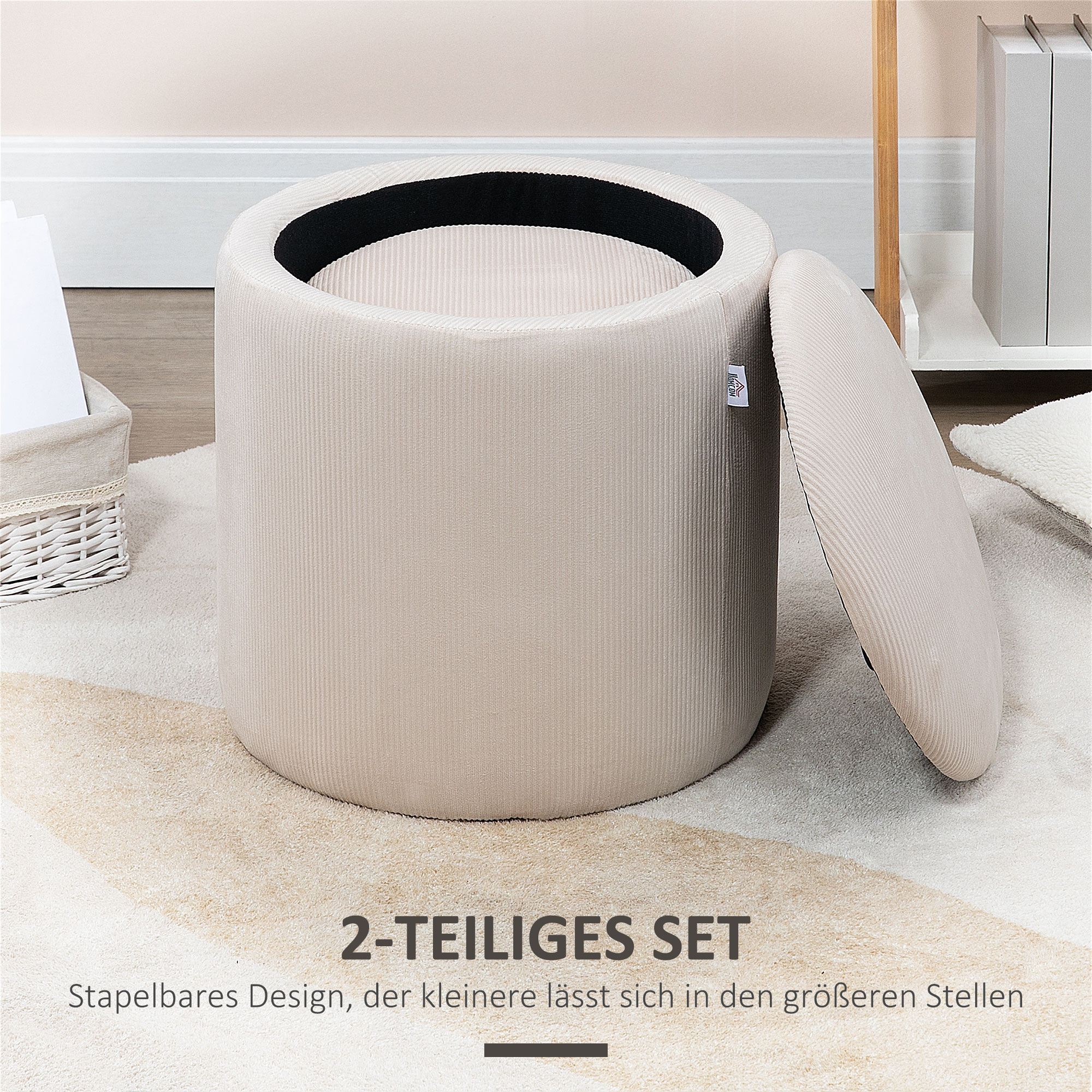 Hocker Ottomane, Zweier-Set, mit Stauraum, weiche Polsterung, Bezug in Cordoptik, Cremeweiß, 40 x 40 x 41cm