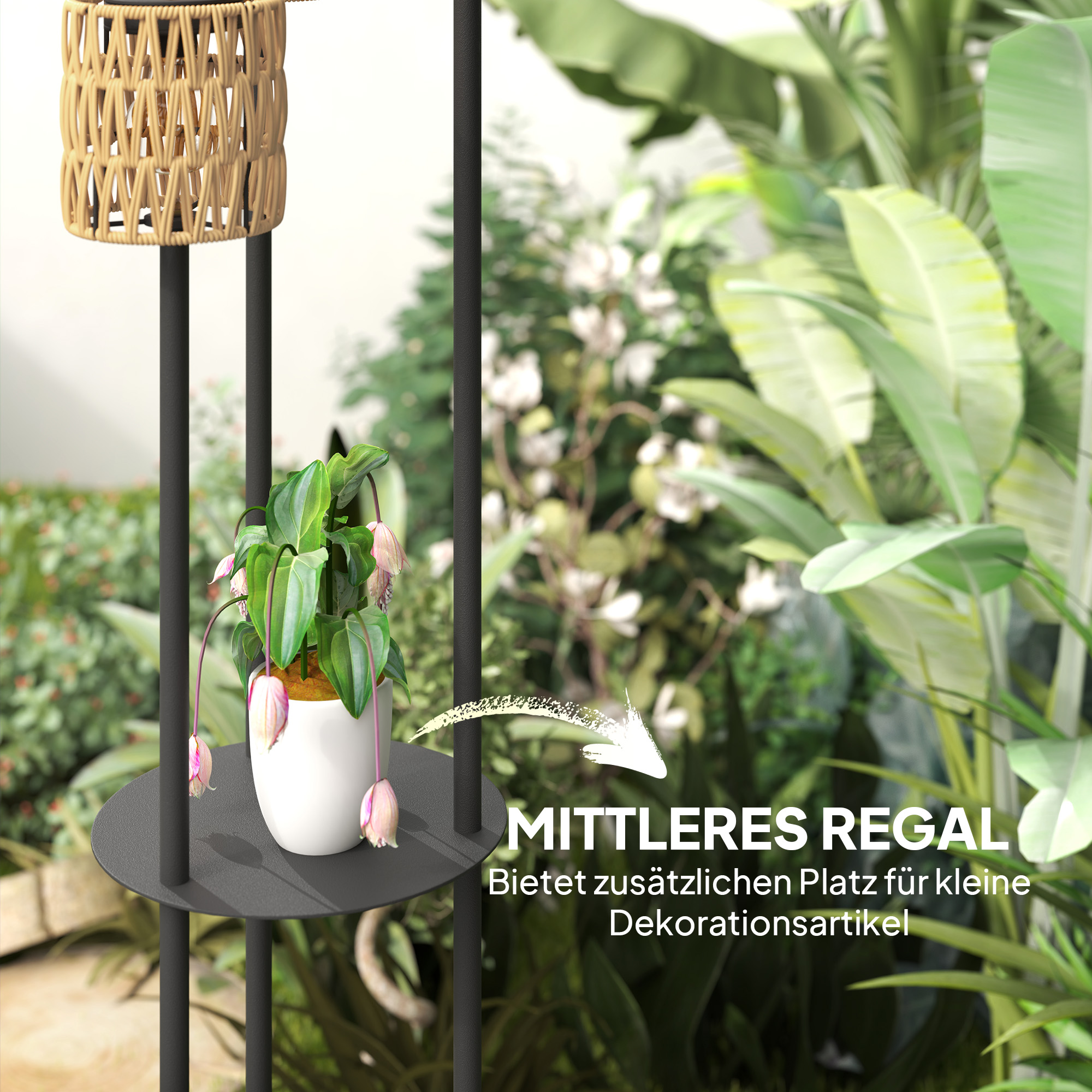 Solar Stehlampe Rattan Solarlampen mit Lichtsensor 3 Lichte Solarleuchte im Boho-Stil IP44 Ø37 x 144H cm