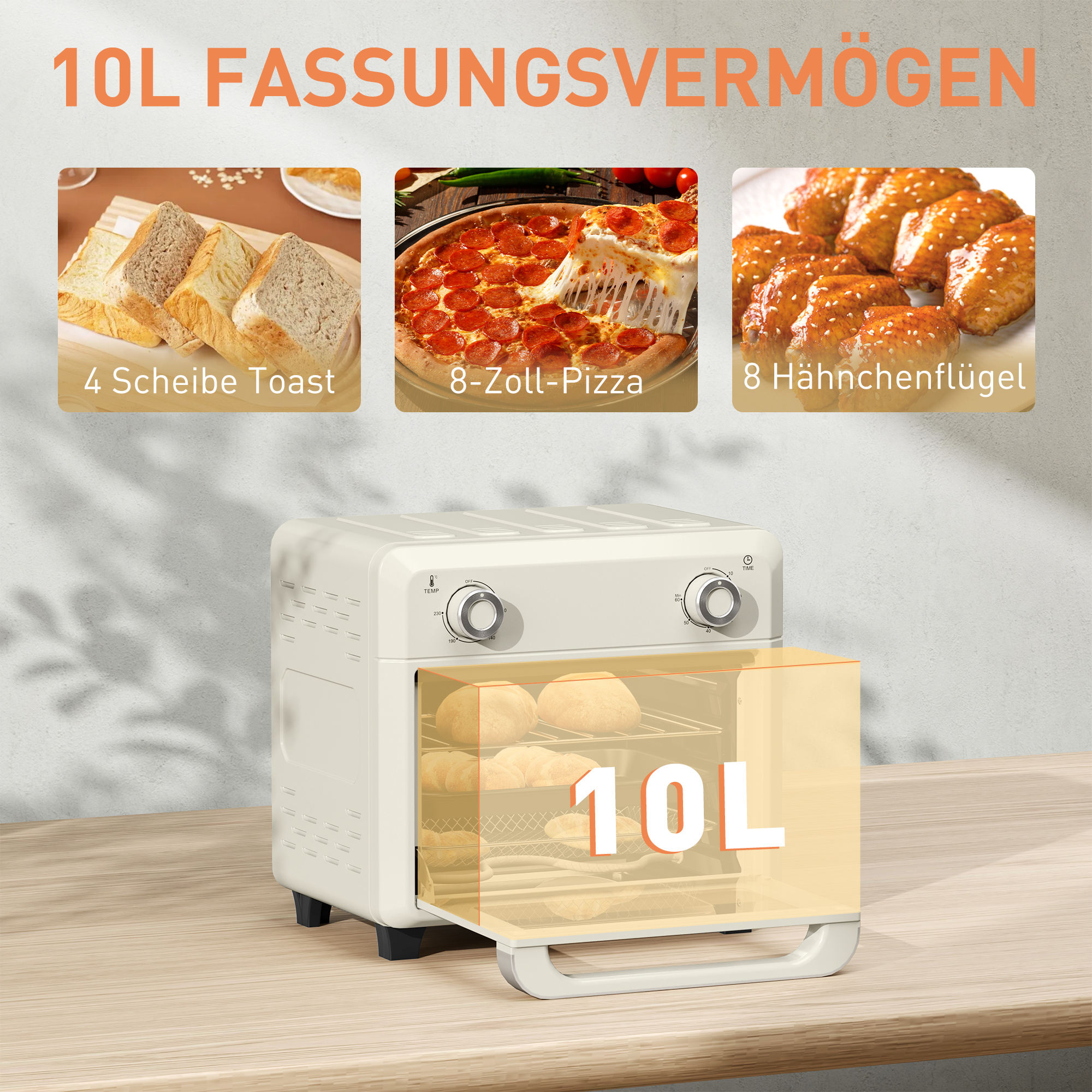 10L Heißluft-Ofen zum Grillen, Backen und Frittieren, Timer, 1000W, Spülmaschinenfest, Cremeweiß