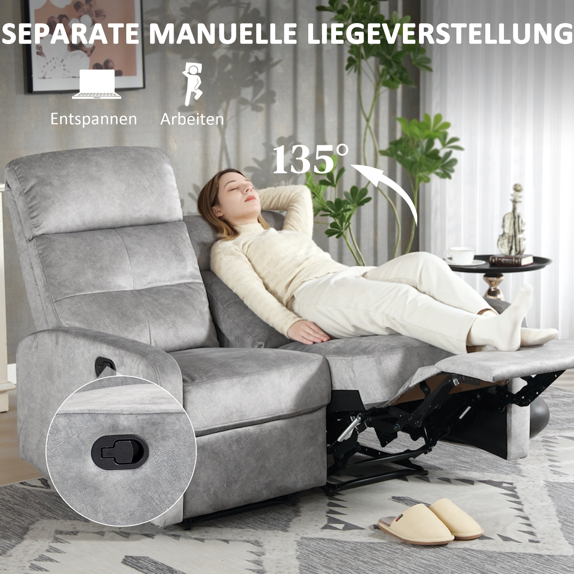 Doppelsitz-Sessel, Relaxsessel mit verstellbarer Doppellehne und Fußablage, für Wohnzimmer, Stoffbezug, Grau