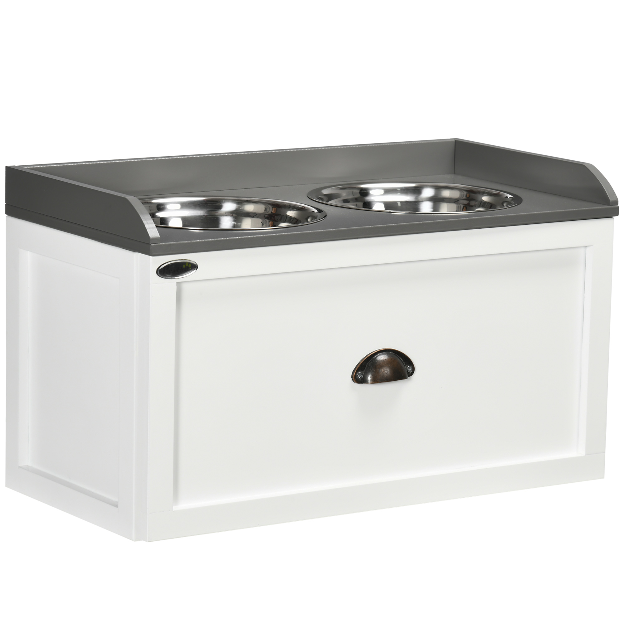Futterstation, 2 Fressnäpfe je 2 Liter, Edelstahl, mit Schublade, für große Hunde, weiß+grau, 60 x 30 x 36 cm Futterstation, 2 Fressnäpfe je 2 Liter, Edelstahl, mit Schublade, für große Hunde, weiß+grau, 60 x 30 x 36 cm