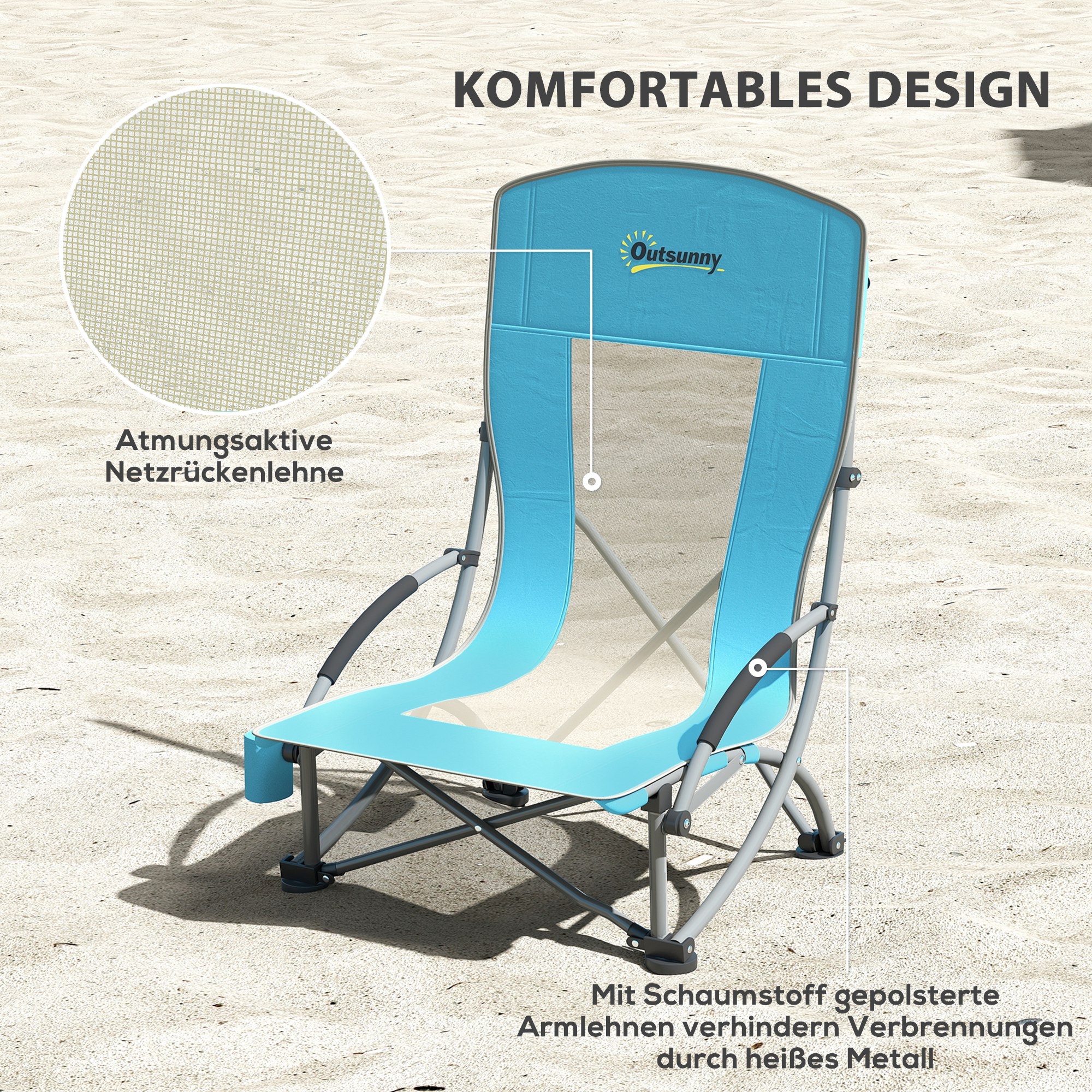 2er Set Campingstühle klappbar Campingstuhl mit Getränkehalter Netzrückenlehne bis 120 kg Blau