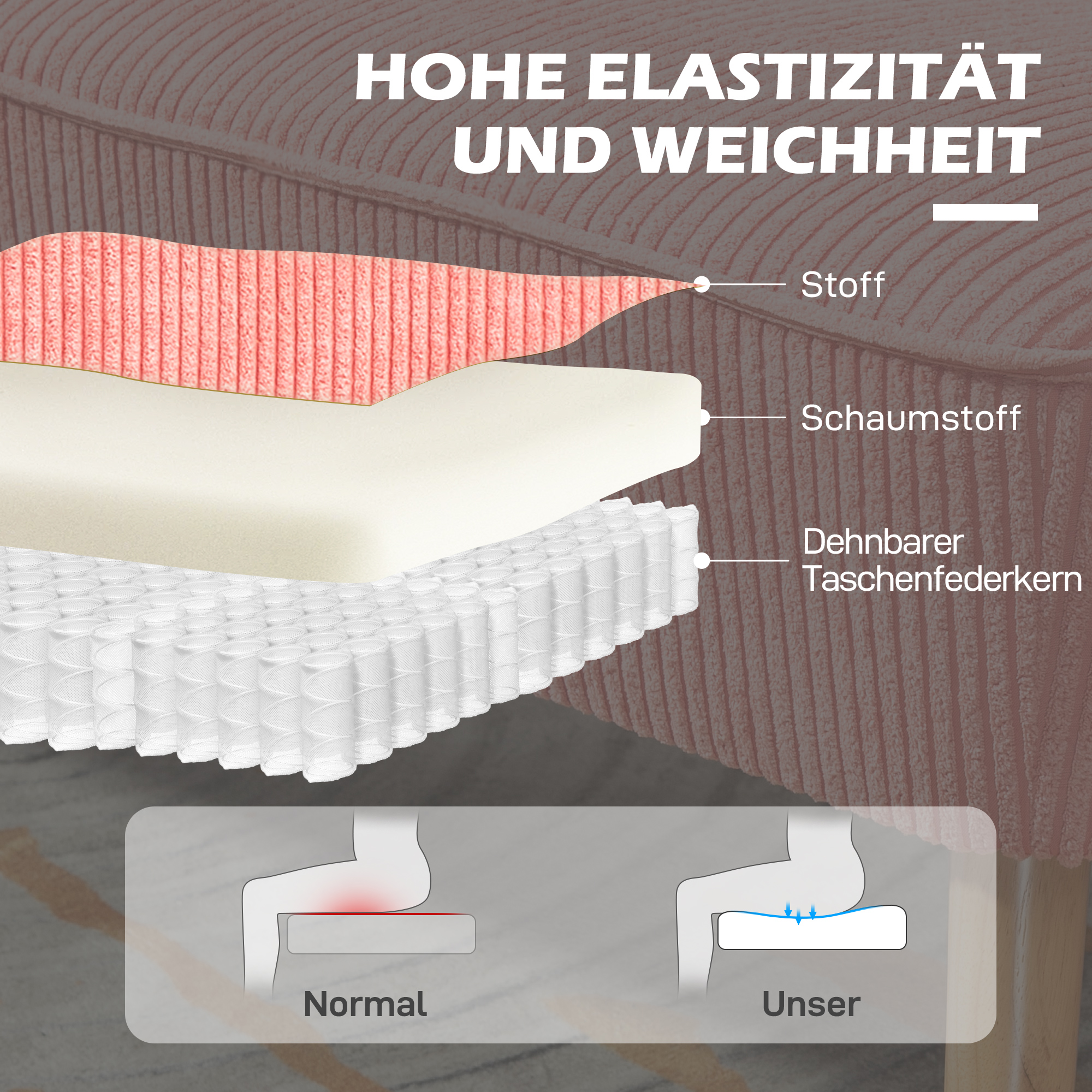 Zweisitzer-Sofa, elegantes Skandi Design, massiver Holzrahmen, bis 150 kg, 117 x 56,5 x 77 cm, Rosa